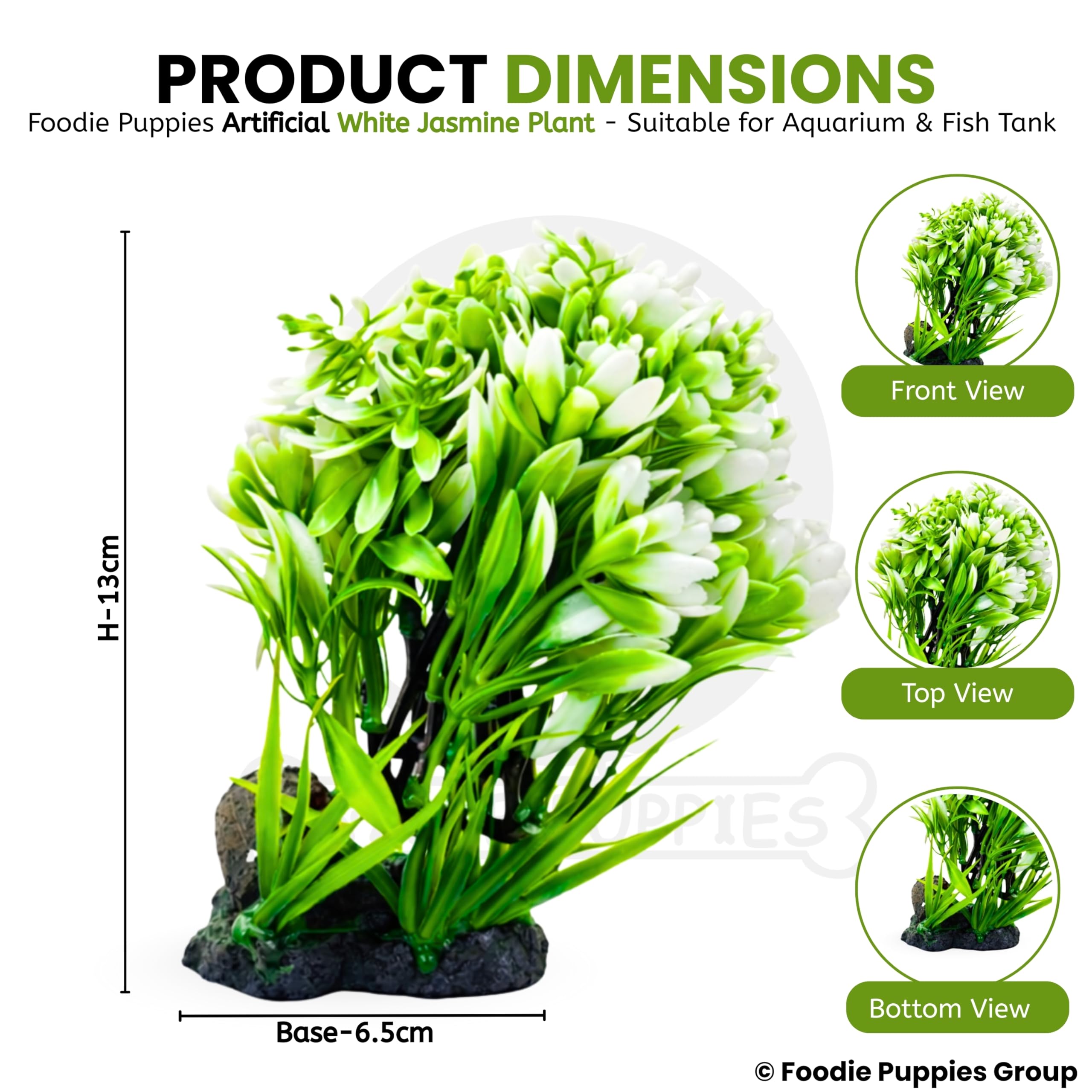 Foodie Puppies Aquarium Plastic Plant with Resin Base Decor - (White Jasmine Plant, 6.5 x 4 x 13 cm) for Fish Tank Ornament Accessories, Freshwater & Saltwater Natural Looking Artificial Plant