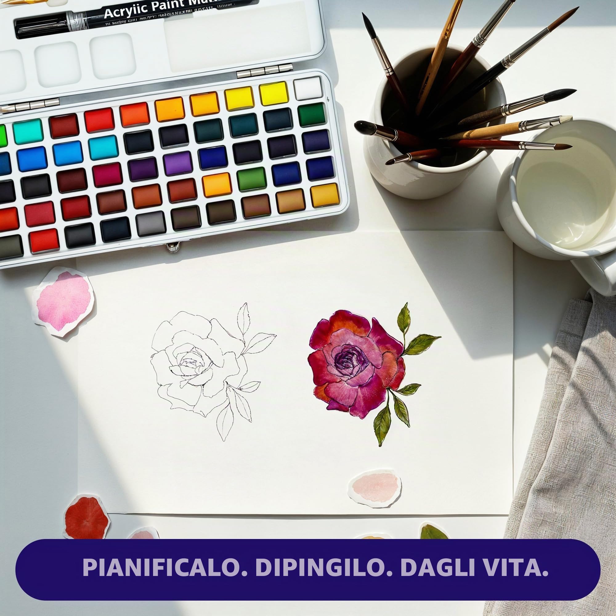 Set di colori ad acquerello, 120 colori in scatola con pennello e carta, set di pittura ad acquerello di alta qualità per artisti, confezione regalo con colori metallizzati e fluorescenti