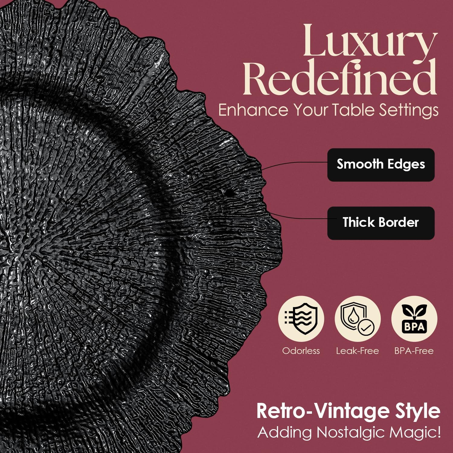 Black Charger Plates Set - 13” Vintage Plastic Dinnerware Set - Reusable Elegant Serving Plates for Parties, Weddings and Events 12 Set