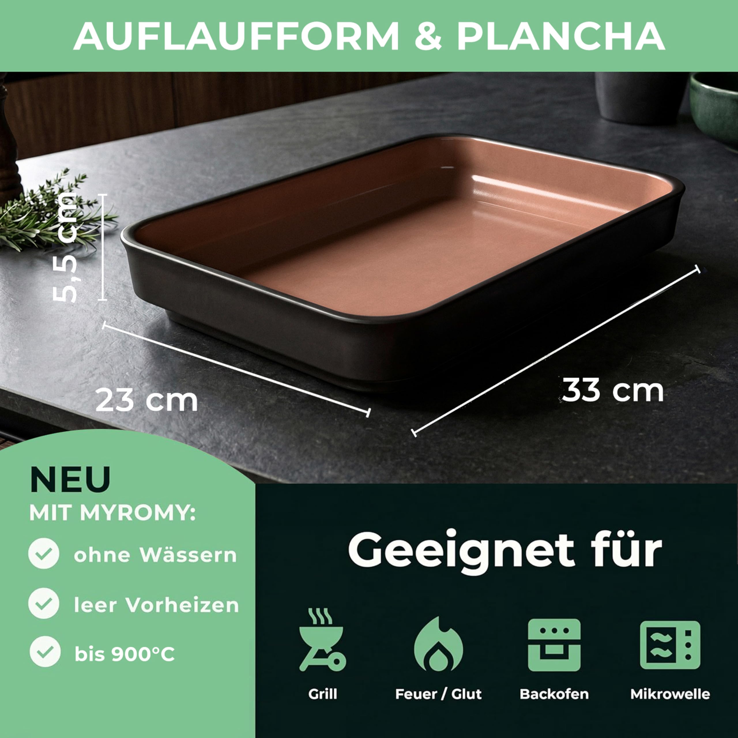 myromy® Pirofila e teglia in ceramica di argilla naturale, per casseruole succose e risultati di cottura croccanti, fino a 900 °C, preriscaldato vuoto, sviluppo naturale del vapore, per forno e