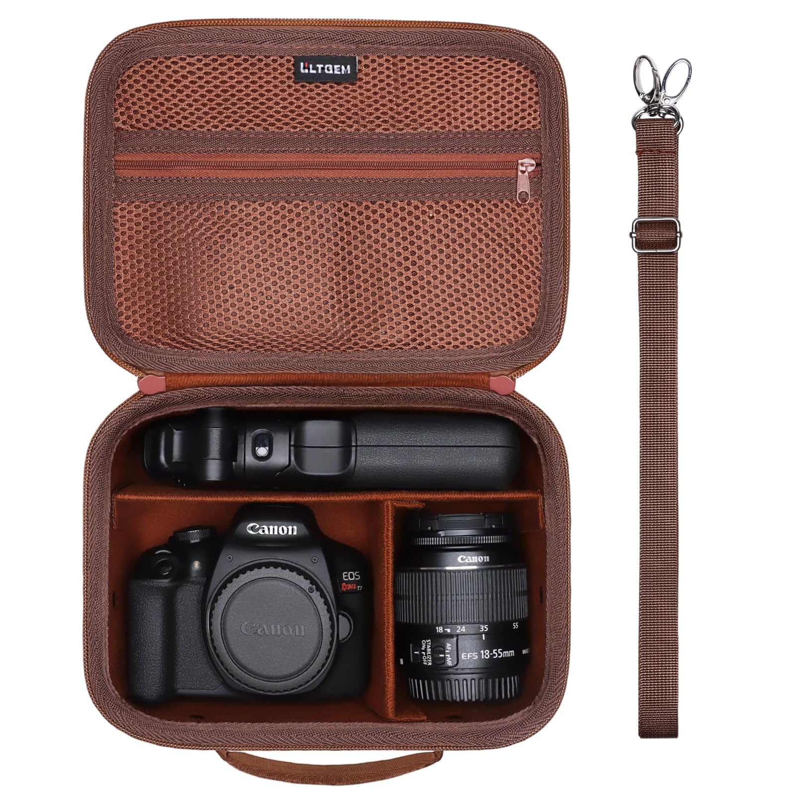 Camera Case Compatible with Canon EOS Rebel T7/R50/R6 Mark II/R100/R50 V/T6/R8/R10/R5 Mark II/RP/R7/5D Mark IV/SL3/R5/T100 DSLR SLR Camera, Len and Tripod with 4 Dividers and Shoulder Strap, Brown