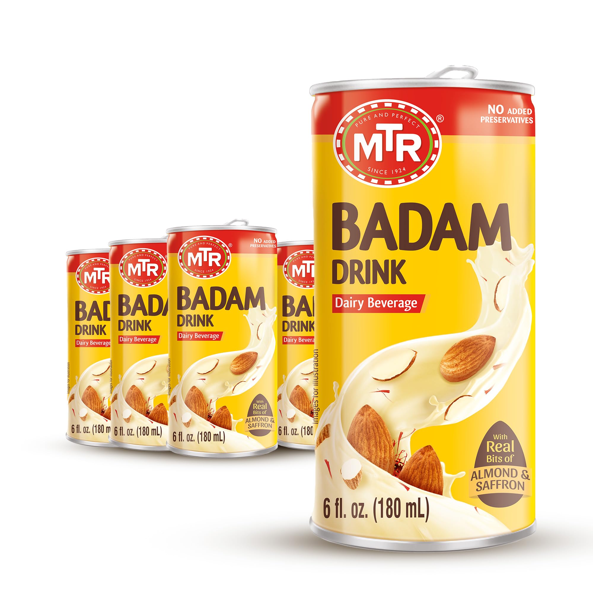 MTR Badam Drink, Ready-to-Drink - Authentic Indian Almond Milk Beverage, Real Bits of Almond & Saffron, No Added Preservatives, No Added Artificial Flavors & Colors, Gluten-Free, Refreshing Drink, Perfect for Anytime Refreshment, Pack of 6
