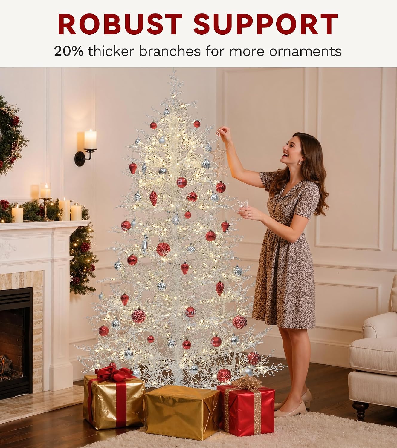 DWVO 6ft Pre-lit Artificial Christmas Tree, White Birch Prelit Christmas Trees for Home, Office, Party with 550 Thickened Branch Tips & 300 UL Listed Lights, Automatic Branches with Remote Control
