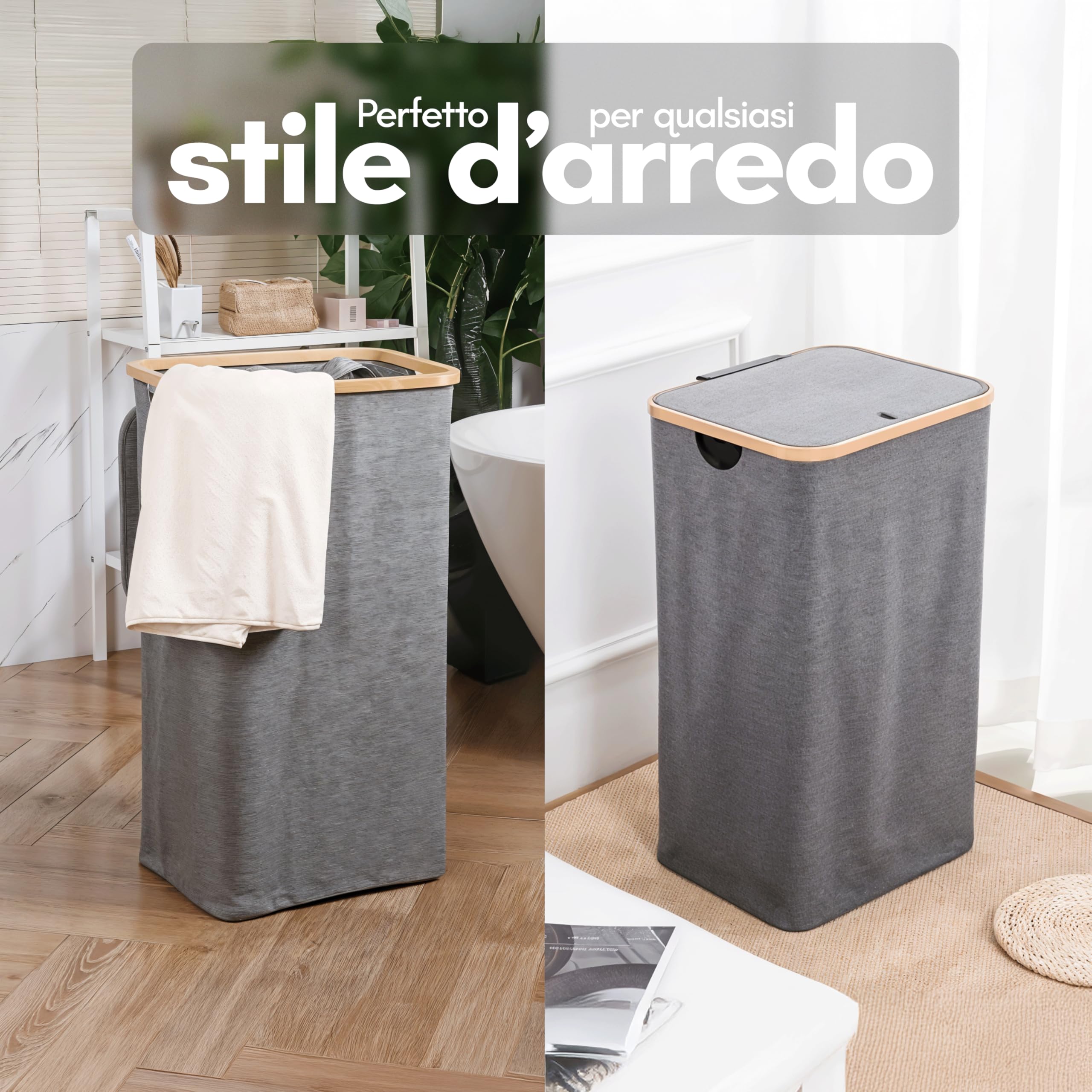 Cesto portabiancheria con coperchio, contenitore bucato con 2 scomparti, 100 litri, stretto e alto, tessuto Oxford, struttura stabile, grigio