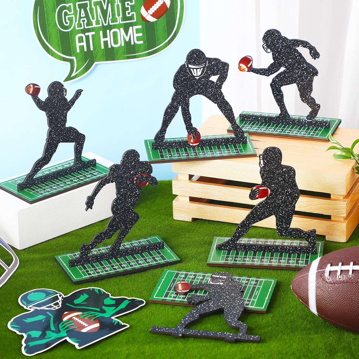 Geetery 6 Pcs Football Party Table Decoration Wooden Sports Table Sign Football Player Silhouette Centerpieces Rugby Tiered Tray Decor for Fans Club Sport Birthday Tailgate Party Supplies