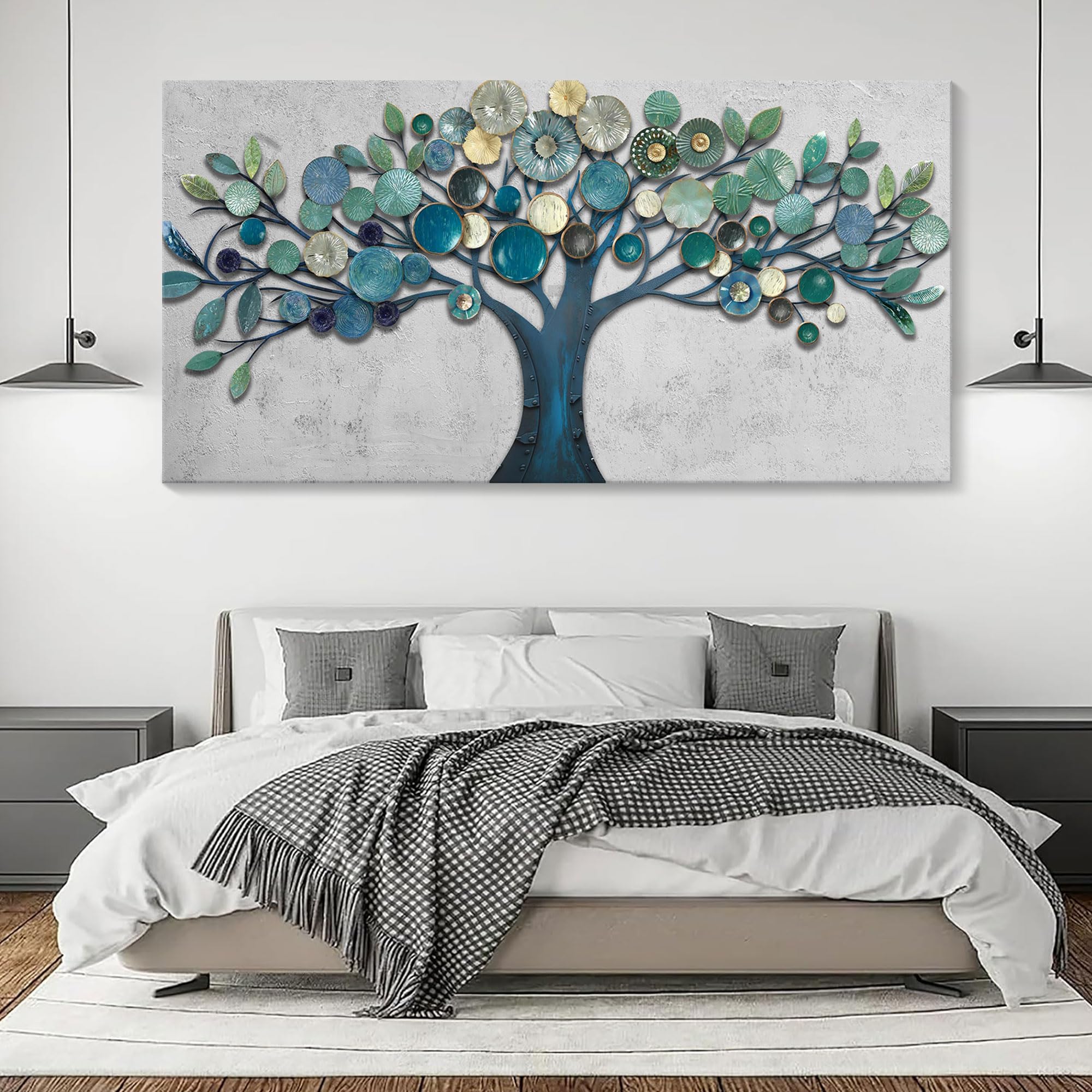 CHATYOUNG Large Canvas Wall Art - Wall Pictures Artwork for Living Room Tree of Life Blue Gold Leaves Gray Background Paintings Bedroom Dining Room Office Kitchen Home Decor 58"x29"