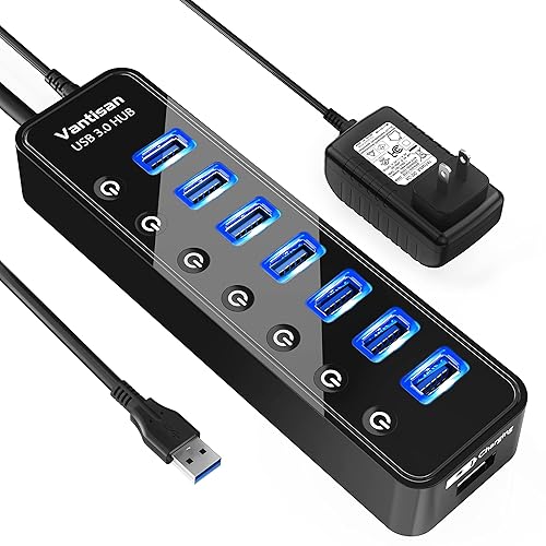 vantisan USB Hub 3.0 Powered, 7 Ports USB Data Hub Splitter with One Smart Charging Port and 5V/4A Powered Adapter and ON/Off Switches for MacBook, Mac Pro/Mini, iMac, Surface Pro Laptop/PC - black