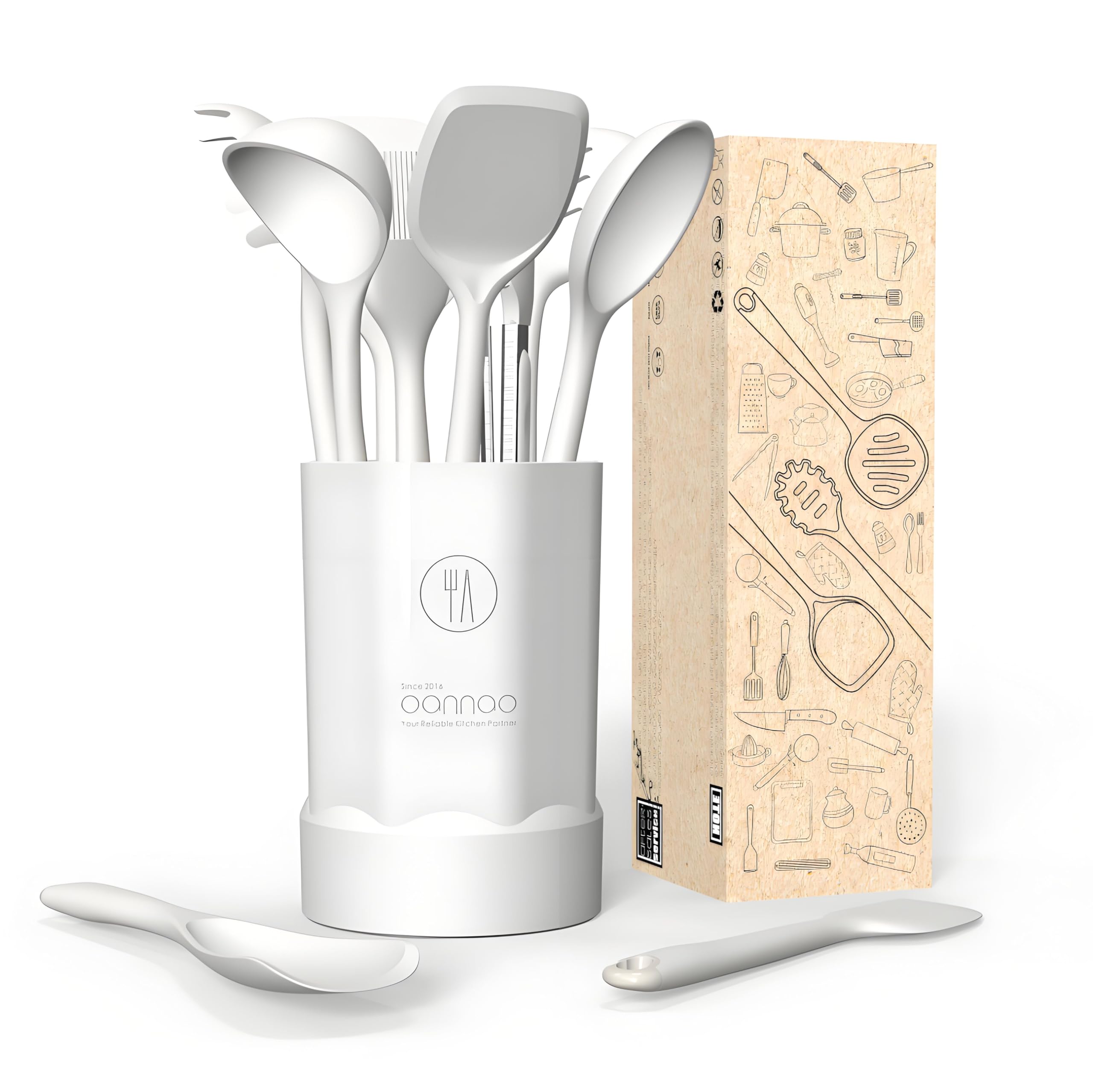 Set di utensili da cucina in silicone, resistenti al calore, spatola, cucchiaio, frusta, pinze, utensili da cucina per pentole antiaderenti, lavabili in lavastoviglie, senza BPA (bianco crema)