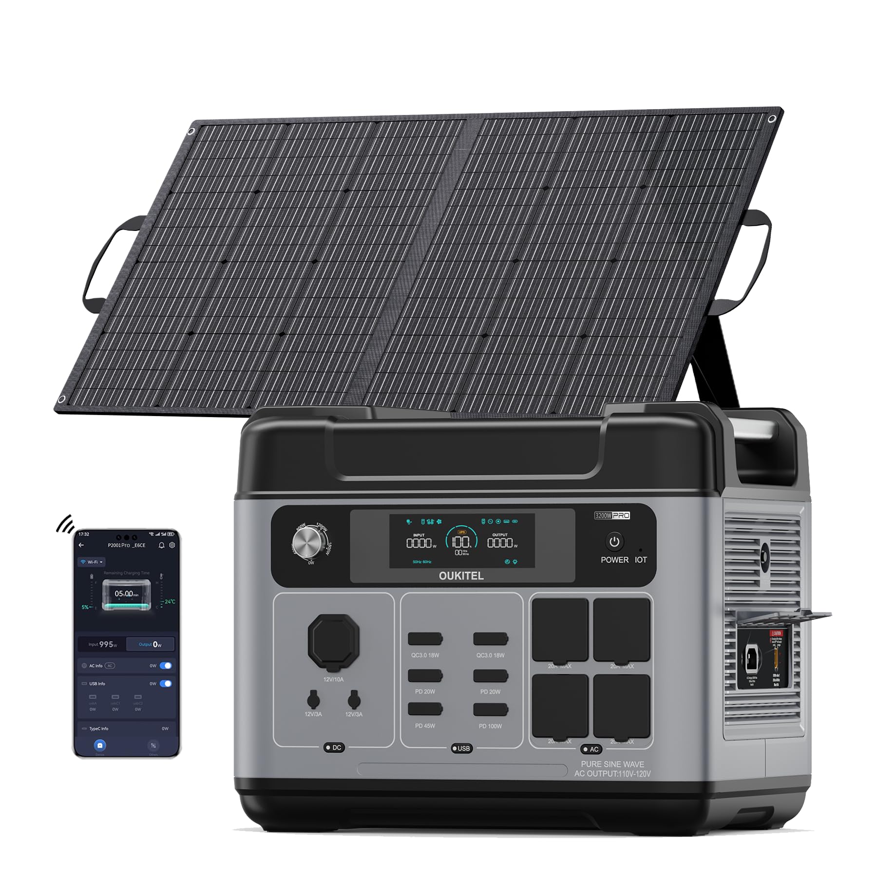OUKITEL Solargenerator 3200W mit 100W Solarpanel, 2048Wh Tragbare Powerstation (6400W Peak), LiFePO4 Batterie, 220V-240V, 1 Std Schnellladung, für OutdoorCamping, Reise, Stromausfälle