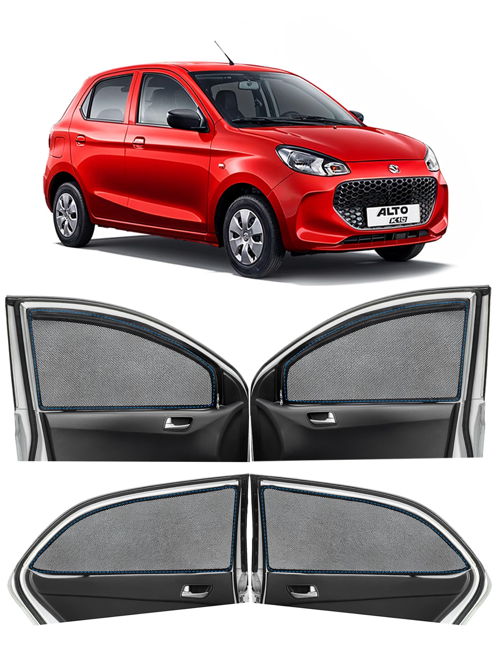 Autofact Magnetic Car Sunshades Compatible with Maruti Alto K10 Old (2014 to 2022) (Set of 4) – Easy Installation, UV Protection, Keeps Car Cool (Front 2 with Zippers, Rear 2 Without Zippers)