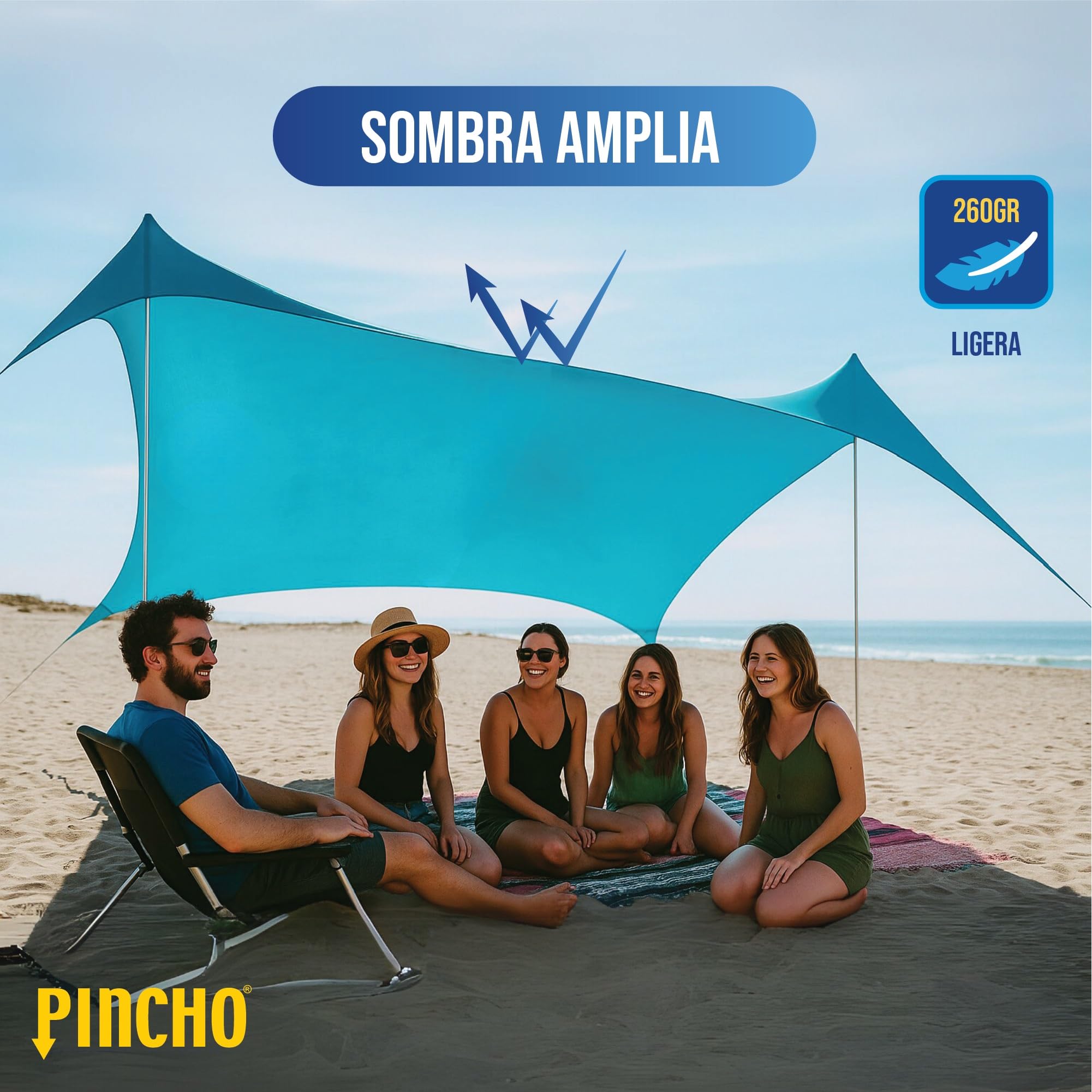 PINCHO Carpa Playa Portátil UPF50+ 210x210 cm para 2-3 Personas, Toldo Playa Plegable con Anclas de Arena, Palos de Aluminio y Refugio Solar Resistente al Viento para Camping y Jardin