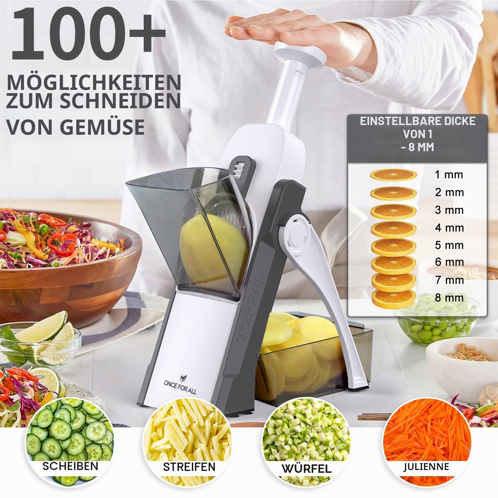 ONCE FOR ALL Gemüseschneider mit Auffangbecken, Gemüsehobel ideal als Pommesschneider & Kartoffelschneider, Zwiebelschneider Gurkenhobel - Würfelschneider, Julienner