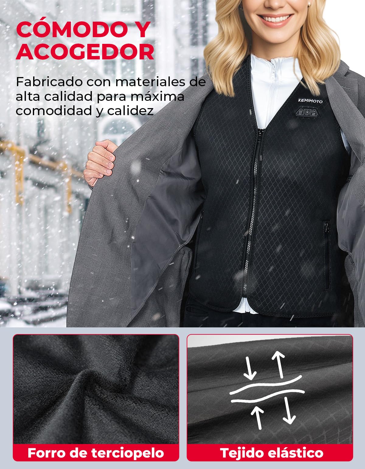 KEMIMOTO Chaleco Calefactable Mujer, Chalecos Térido Elegante con 10000mAh, 6 Zonas de Calor 3 Niveles de Calefacción, Chaleco Cálido Eléctrico Esquí Pesca Actividades al Aire libre