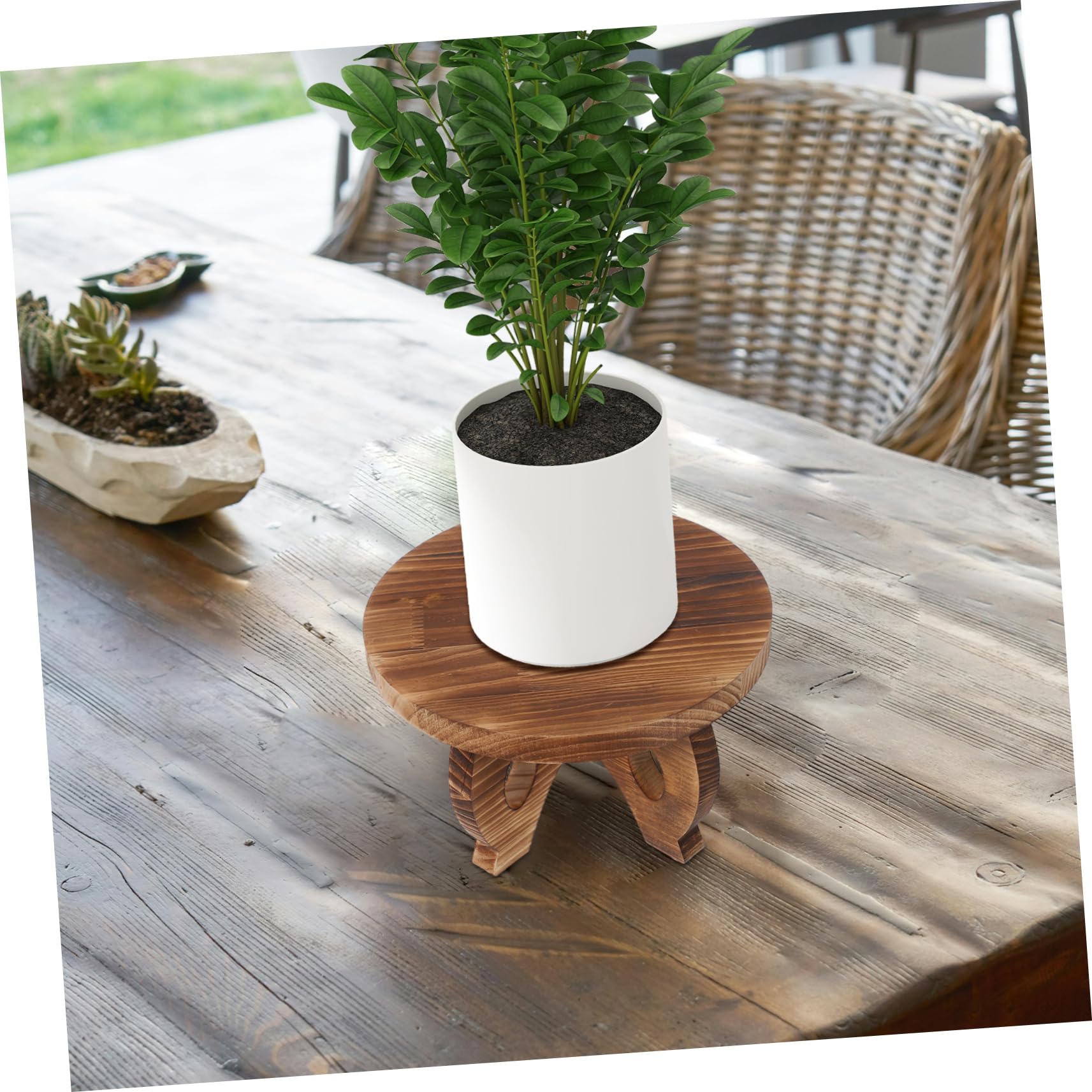 Soporte Redondo de Madera para Macetas, Base Marrón de Estilo Rústico | Plantas y Tiestos, Textura Natural, Montaje Sencillo, Uso en Salón y Cocina