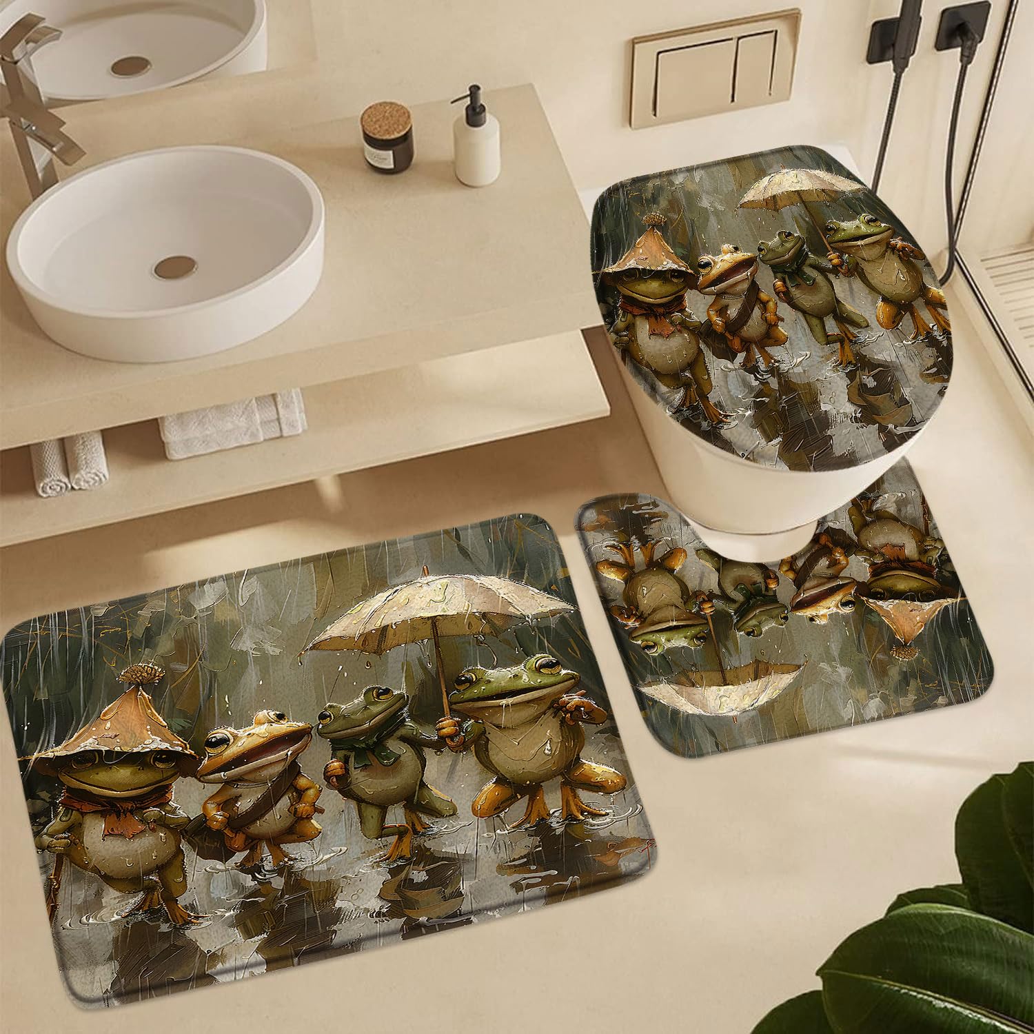 Dunmat Watercolor Cartoon Frog Bathroom Set - Shower Curtain, Bath Mat, Rug & Toilet Lid Cover (4-Piece)