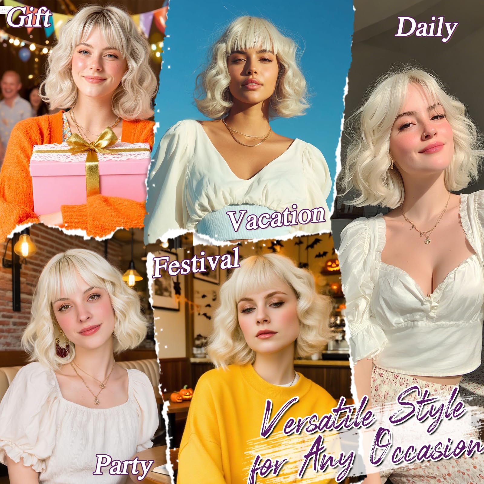 BARSDAR Kurze Gewellt Blond Ombre Perücke mit Pony, Kurze Lockige Welle Bob Perücke Texturierte French Bob Perücken mit Pony für Frauen Natürlich Aussehen Synthetische Haar Perücken Party Halloween