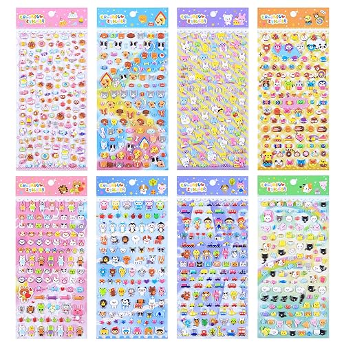 SHANGRLA 870 PCS Cute Mini Puffy Stickers for Kids Girls 3D Small Tiny Kawaii Stickers Including Animals Cat Rabbit Dog Puppy Kitten Bunny Food Donuts Hearts for Adults Phone Case Laptop,8 Sheets