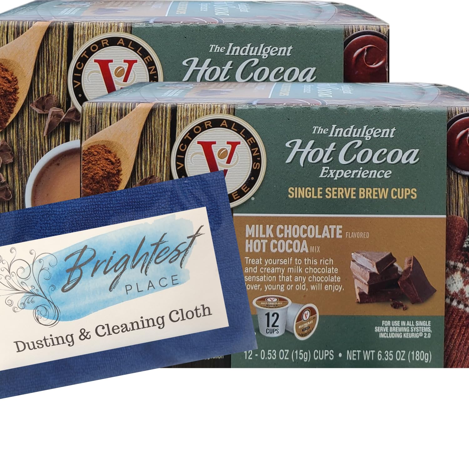 Hot Cocoa K-Cup Pods Milk Chocolate Beverage Mix Bundle with Brightest Place Clean Up Cloth and Victor Allen's Indulgent Single Serve Brew Cups 12ct Pack of 2 Boxes