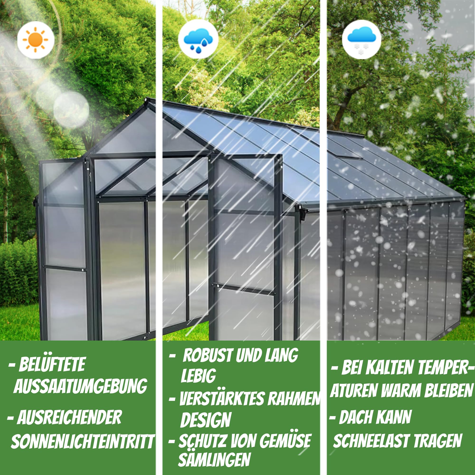 Gewächshaus Aluminium für den Garten |Mit 8 cm dickeres Fundament| 361*238*210 cm | Vielseitig nutzbar als Treibhaus Gartenhaus Winterfest Aufzucht Tomatenhaus Frühbeet und Pflanzenhaus Grau