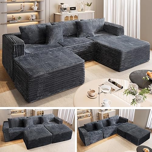 110" U Shaped Boneless Couches for Living Room with 2 Movable Ottomans,5 Seats Modular Cloud Sectional Couch Sofa(Gray)