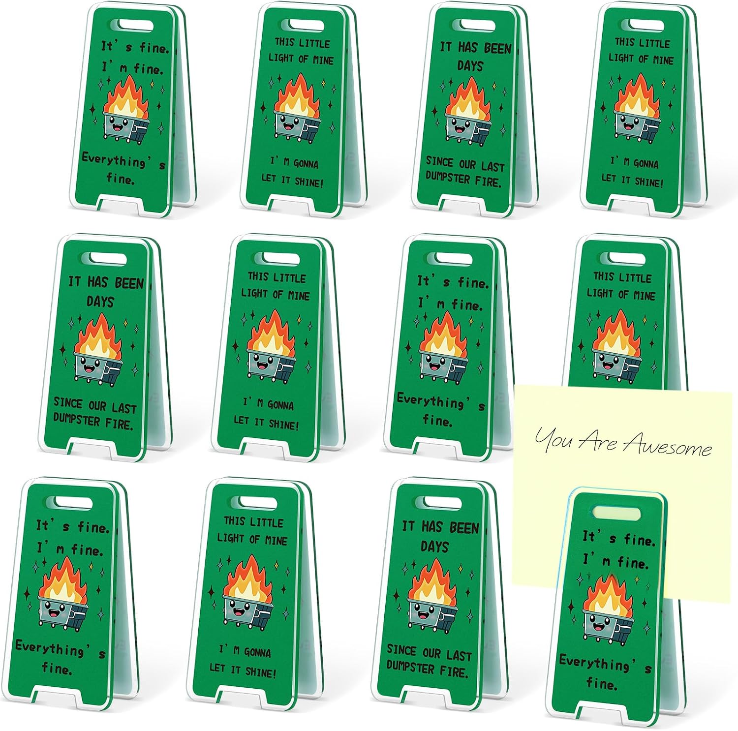 AmazingSpark 12 Pack Funny Dumpster Fire Desk Signs, Chip Clips, Green