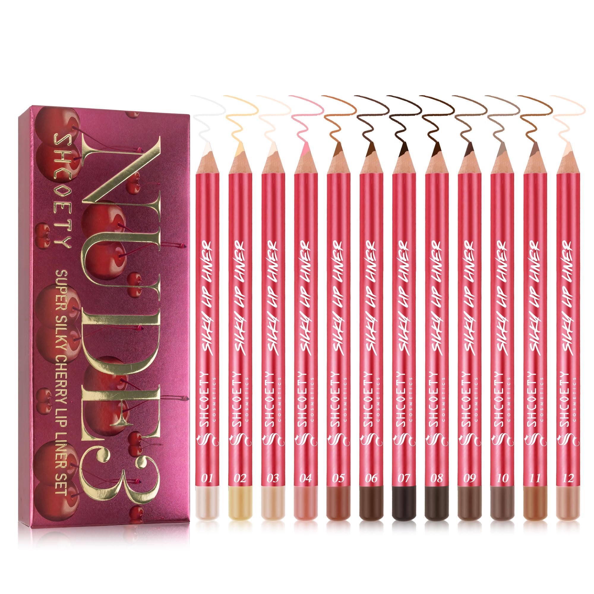 SHCOETY Silky Cherry Lip Liner Set, 12 Colors, Professional Makeup Pencils, Pink and Brown Shades