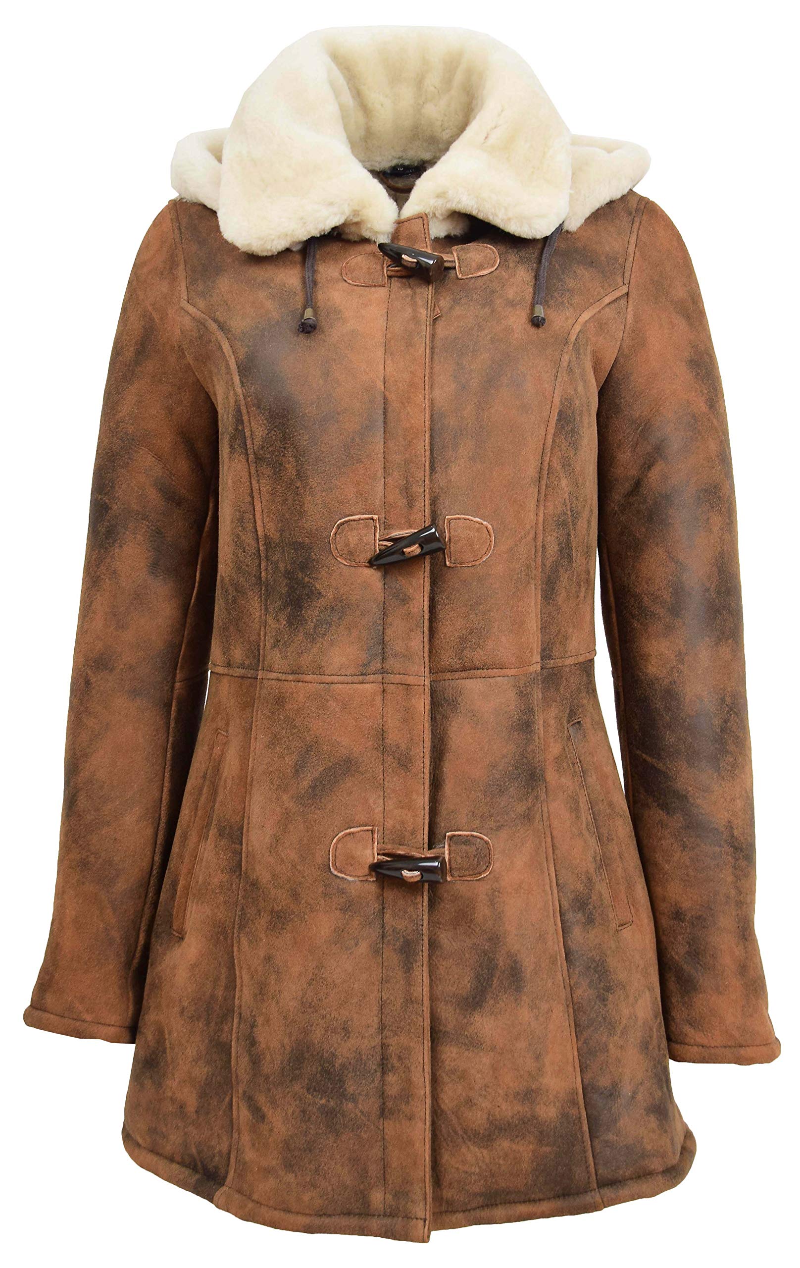 House Of Leather Womens Real Sheepskin Duffle Coat Detachable Hoodie Parka Ellen Vintage Brown (14)