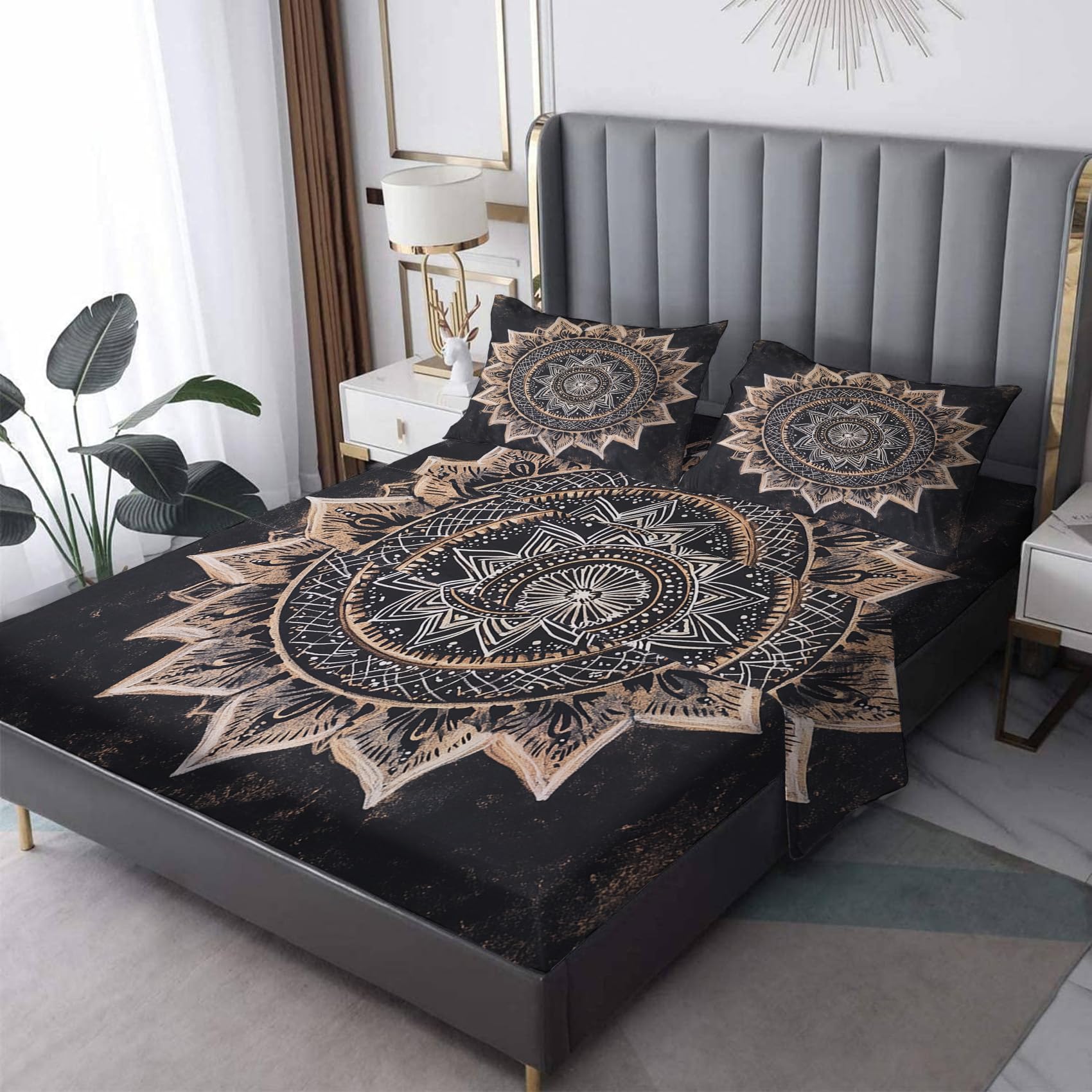 Zvynqour Mandala Bed Sheets Full Size - Bohemia Sheet Set - Deep Pocket Fitted Sheets & Flat Sheet & Pillowcases 4 Piece - Boho Bedding & Decor - Soft Brushed Microfibe