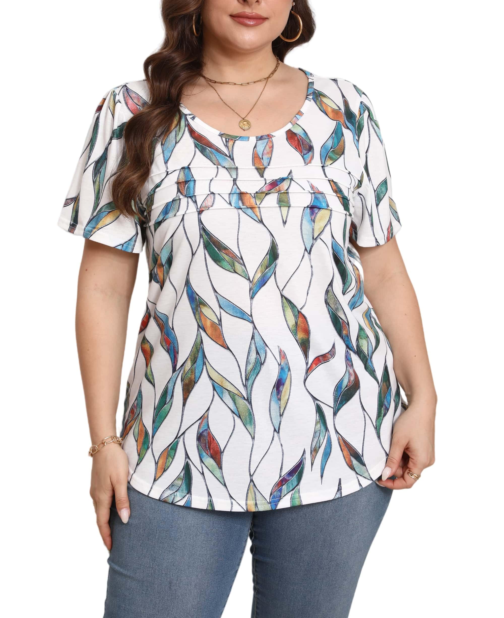 HBEYYTO Womens Plus Size Tops Short Sleeve Pleated T shirts Dressy Casual Scooped Neck Flowy Loose Floral Blouses 1X-5X