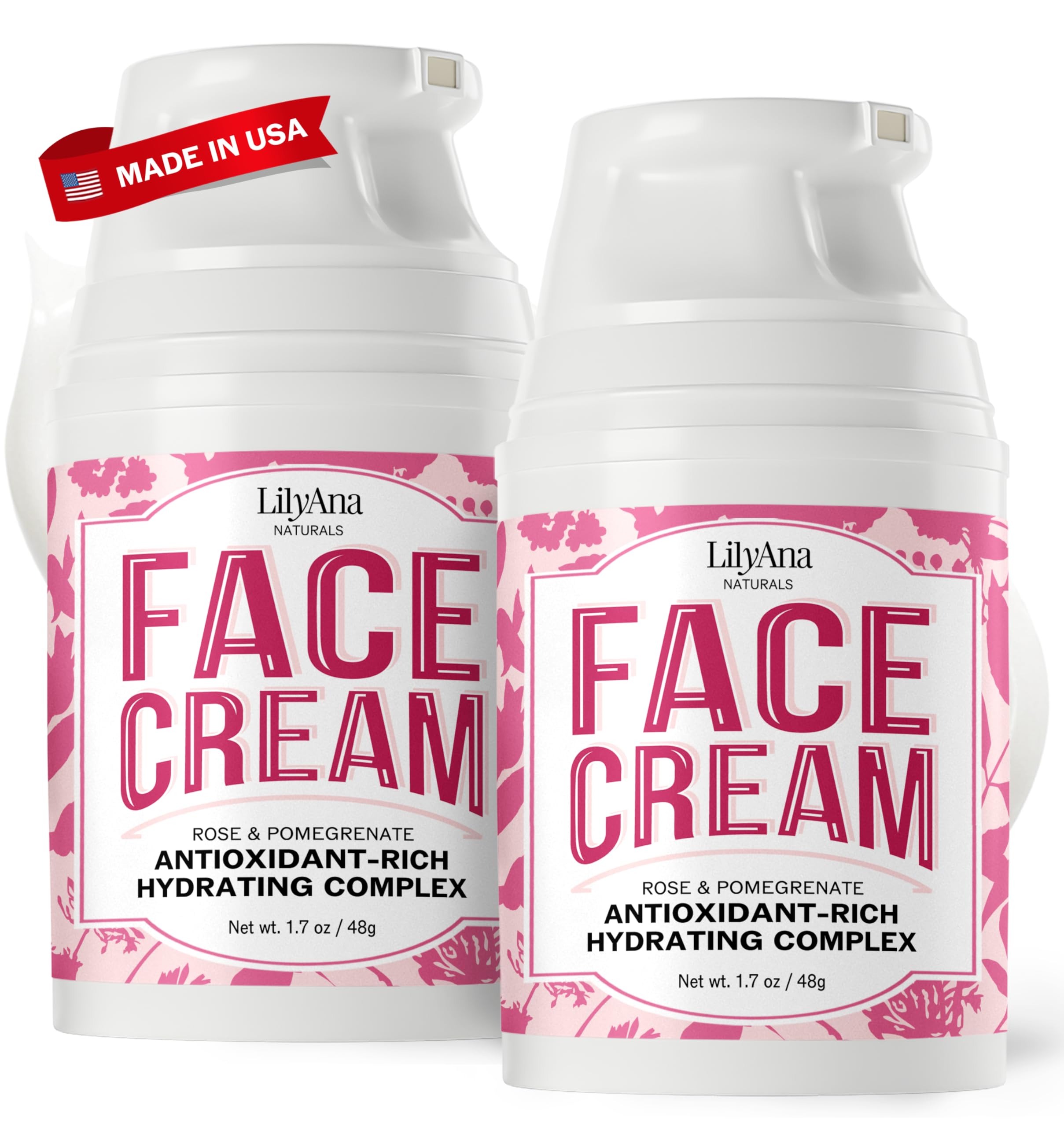 LilyAna Naturals Face and Neck Moisturizer for Women and Men - Moisturizer Face and Neck Cream for Dry Skin and Dark Spot Brightening - Rose and Pomegranate Extracts - 1.7oz (Pack of 2)