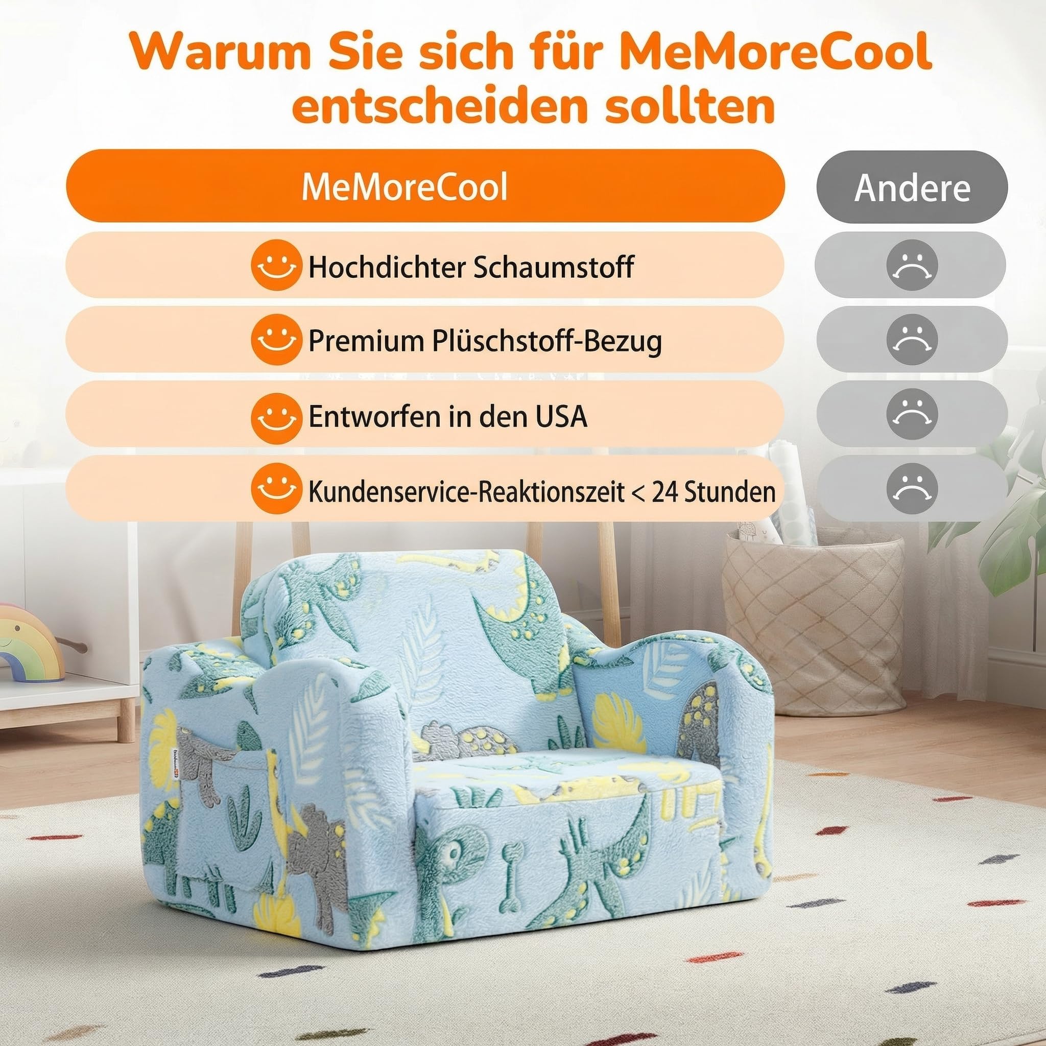MeMoreCool Kindersofa Ausklappbar, 2-in-1 Kleinkinder Schlafsofa, Kindersessel mit Schlaffunktion, Mini Couch für Kuschelecke Kinderzimmer, Fancy Spielsofa für Mädchen und Jungen, Blau Dinosaurier