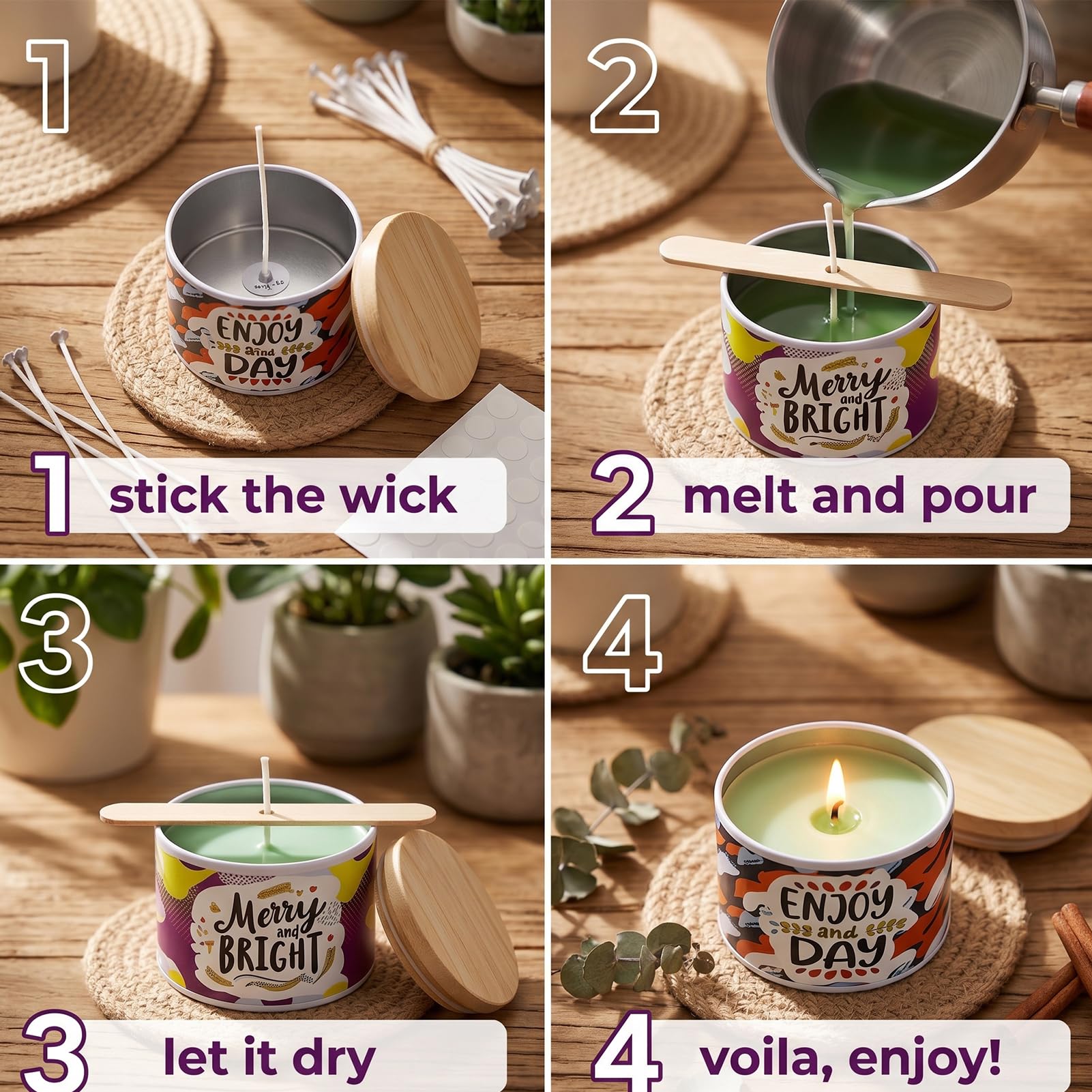 Blingfun Kit de fabricación de velas de soja: juego completo con cera de soja de 1 libra y 2 libras, mechas, olla con mango de madera, cuchara, latas de 4 onzas, calcomanías, etiquetas hechas a mano