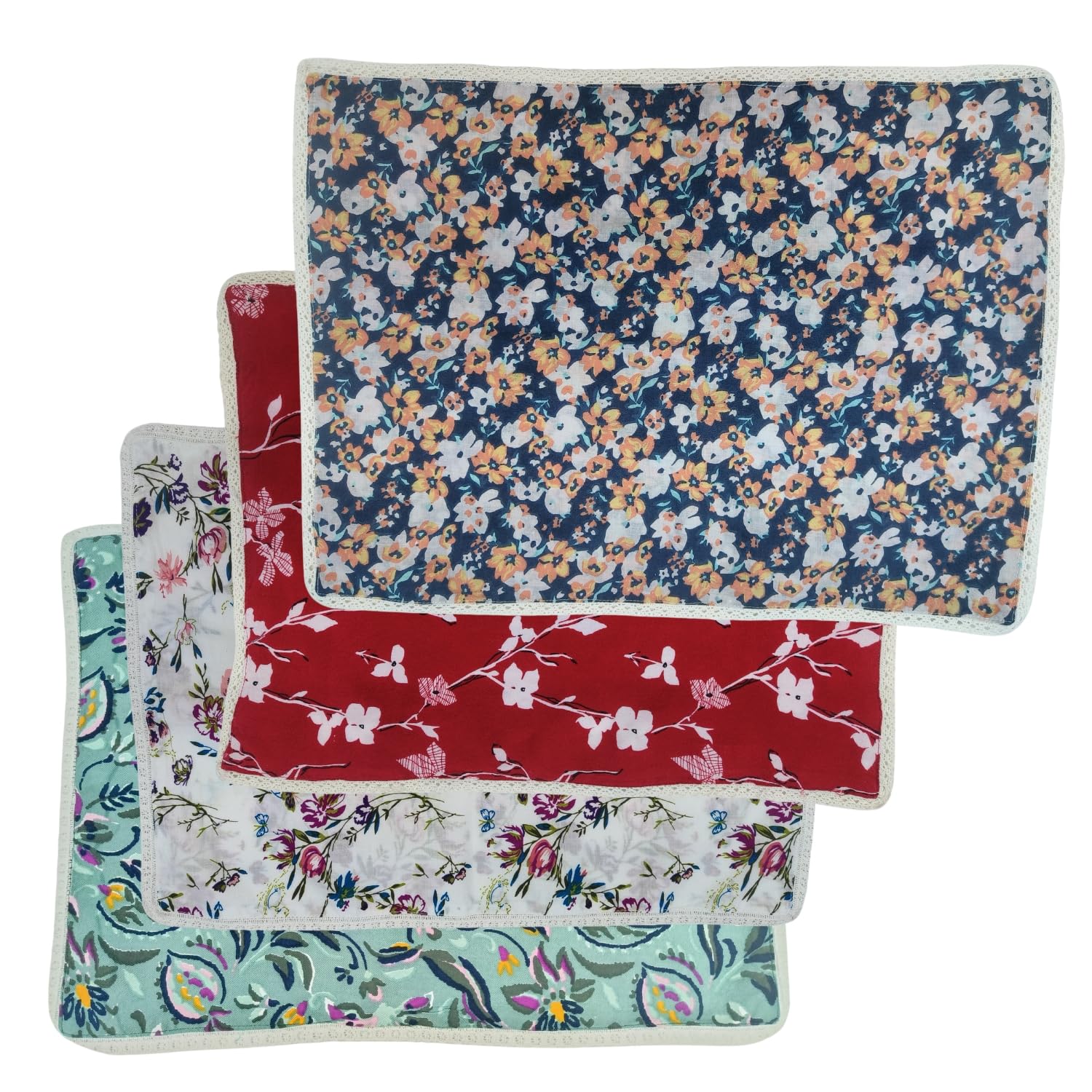 Multicolor Woven Handkerchief/Face Towel/Hankies for Women, Kids, Girls | Fashionable Floral Design | Two Layered Fabric Side Lace Design - Pack of 4 (Size - 42cm x 32 cm)-image-16