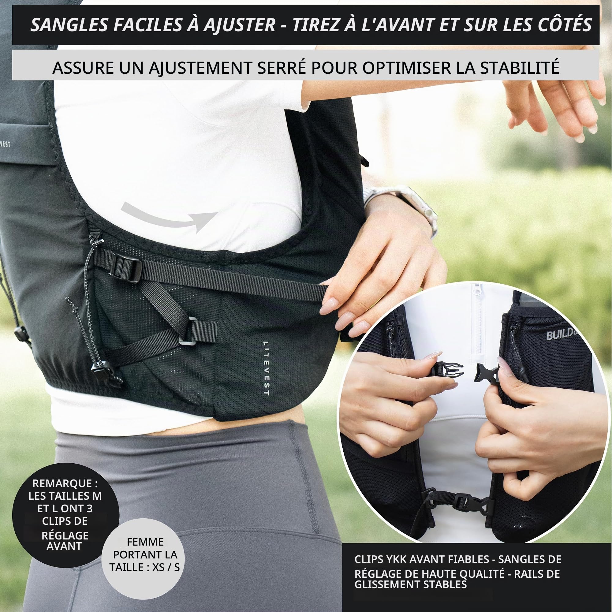 Gilet d'hydratation LITEVEST Build & Fitness avec 2 gourdes Souples de 500 ML – 7 Poches, Respirant, Confortable, sécurisé et élégant pour Le Trail, Les Marathons et Les Courses Quotidiennes