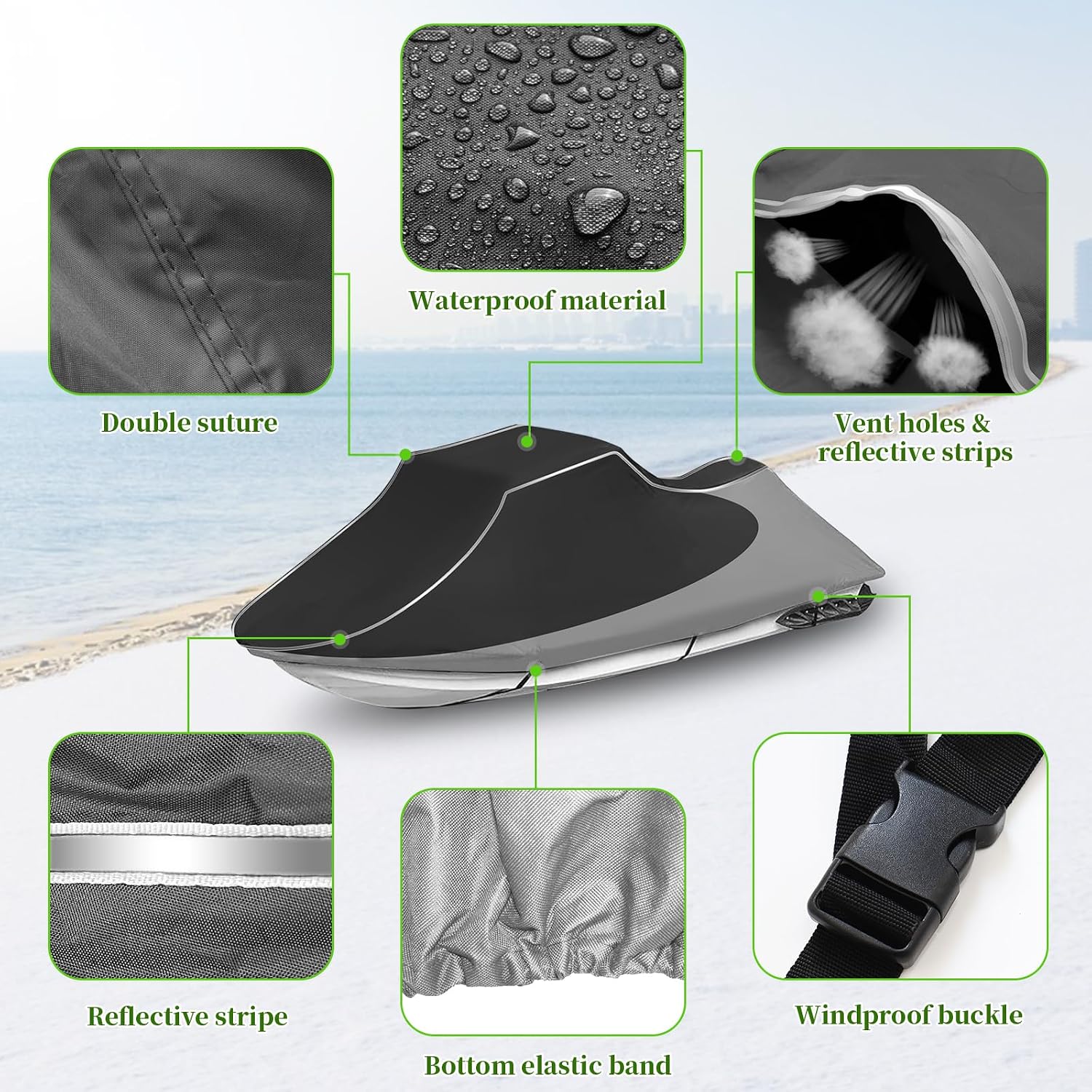 COVERVIN Jet Ski Cover, Jetski Covers 2-3 Seater Waterproof UV Resistant Jetski Cover with Air Vent & Windproof Buckles, All Weather Universal for Yamaha Seadoo Lengths 136" to 145" (Black&Gray)