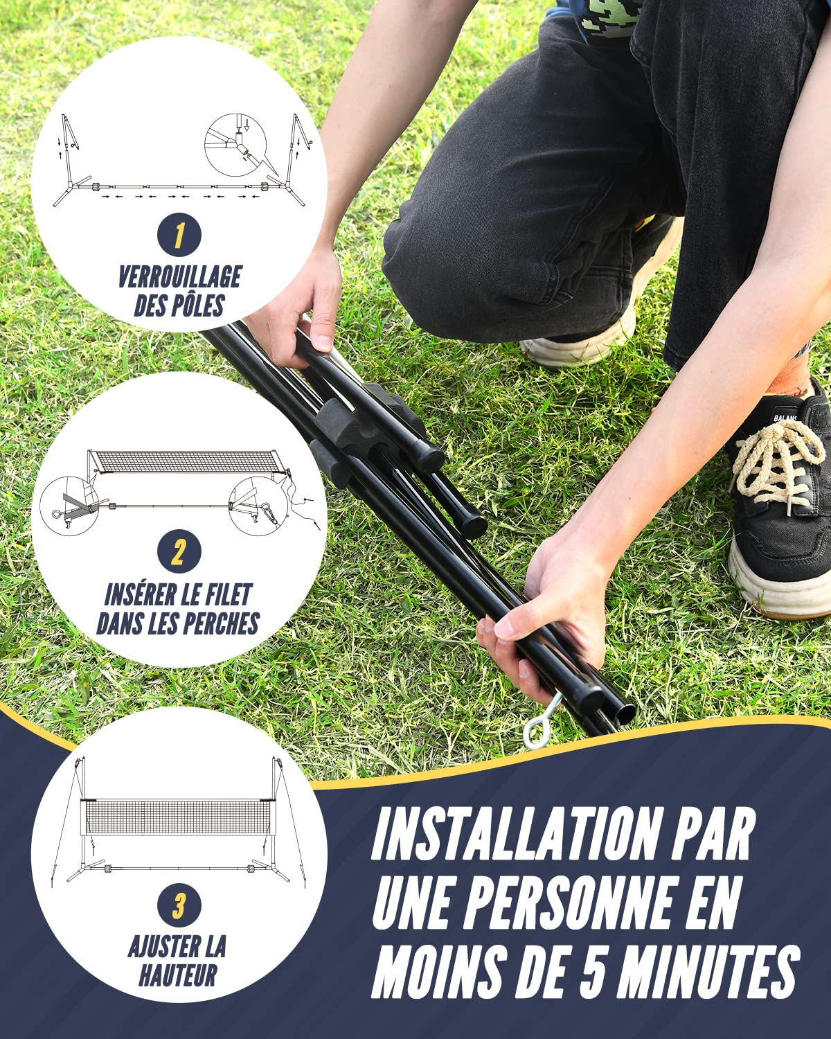 Filet de Badminton et Volleyball de 5.18M- Filet de Sport réglable en Hauteur extérieur avec poteaux, 4 Raquettes de Badminton, 3 Volants et 1 Volley-Ball pour arrière-Cour, Plage, Jardin