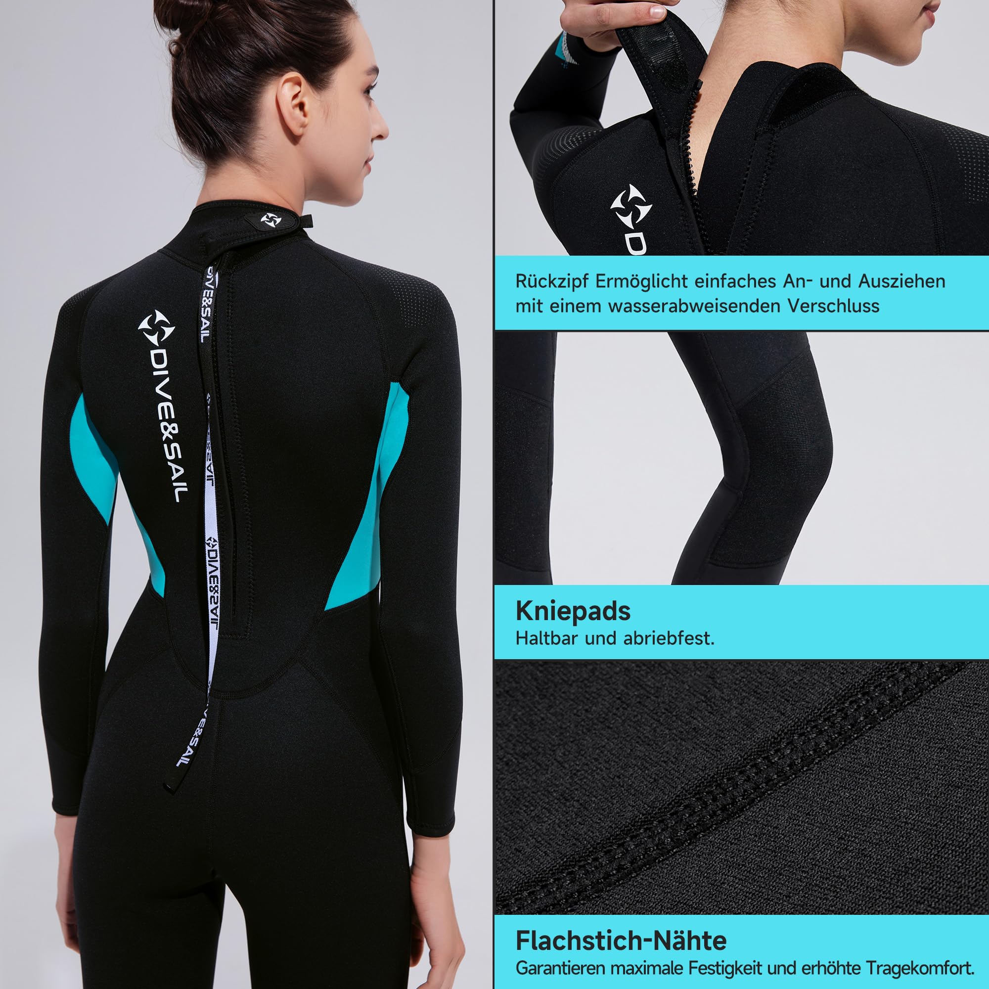 Neoprenanzug Ganzkörper 3/2mm mit Rückenreißverschluss, Ultra-Stretch Neopren Nassanzug Langarm mit UV-Schutz und Wärmeisolierung für Herren und Damen