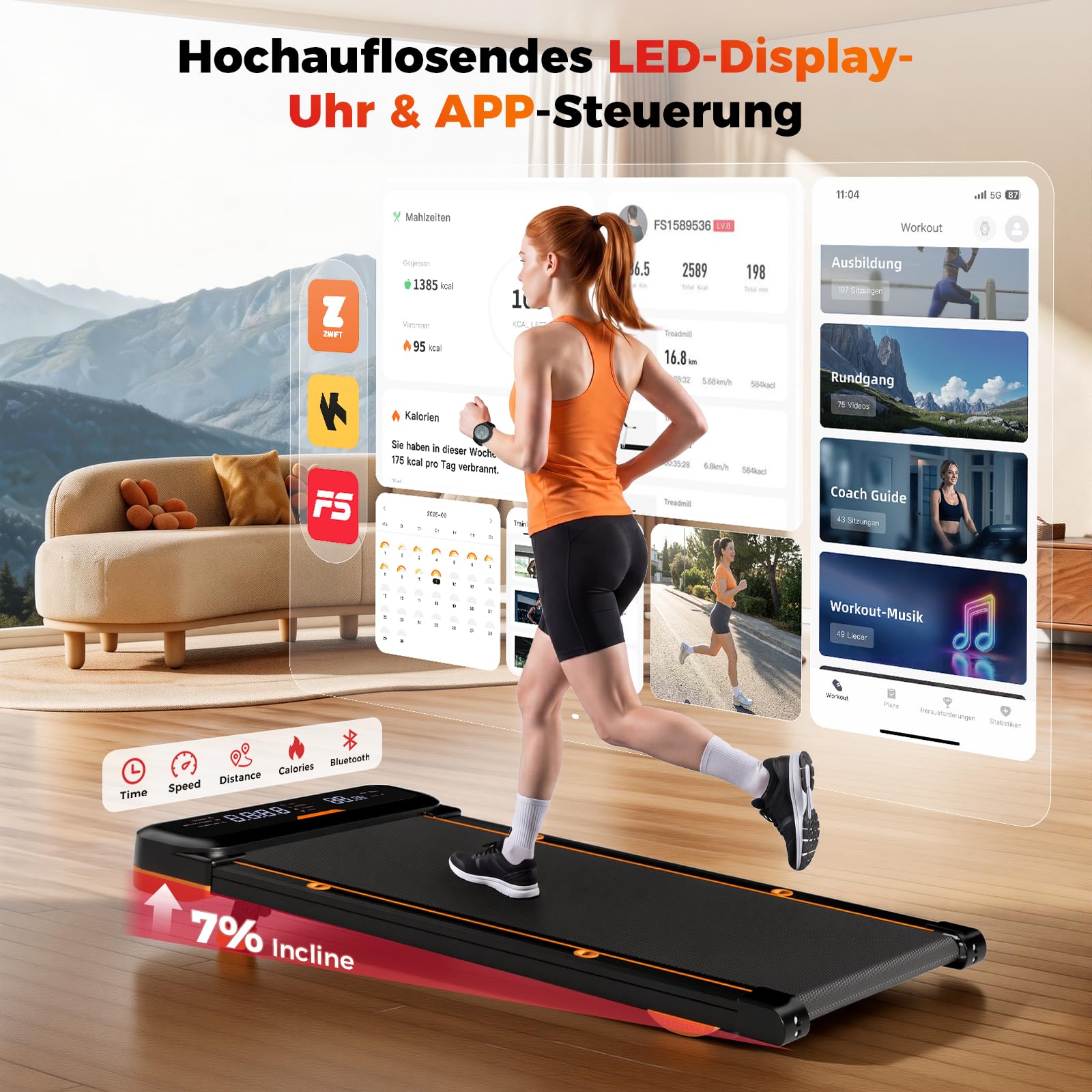 JAGJOG Unter Schreibtisch Laufband,kompakt und platzsparend | 7-15% Steigung,2.5-PS-Motor,6-7.5km/h,Fembedieung,bis 136kg