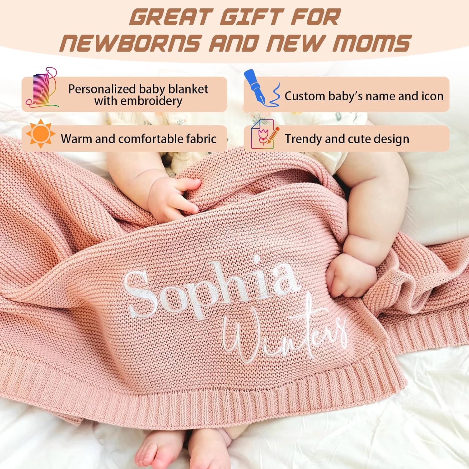 ORYG Custom Baby Blanket with Embroidery - Personalized Baby Blanket with Icon and Name, Cozy Gift for Babies, Infants, and Toddlers