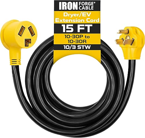 Iron Forge Cable Cable de extensión para secadoraEV de 30 amperios de 15 pies - Cable eléctrico de calibre 10 STW negro 10 de 10-30P a 10-30R