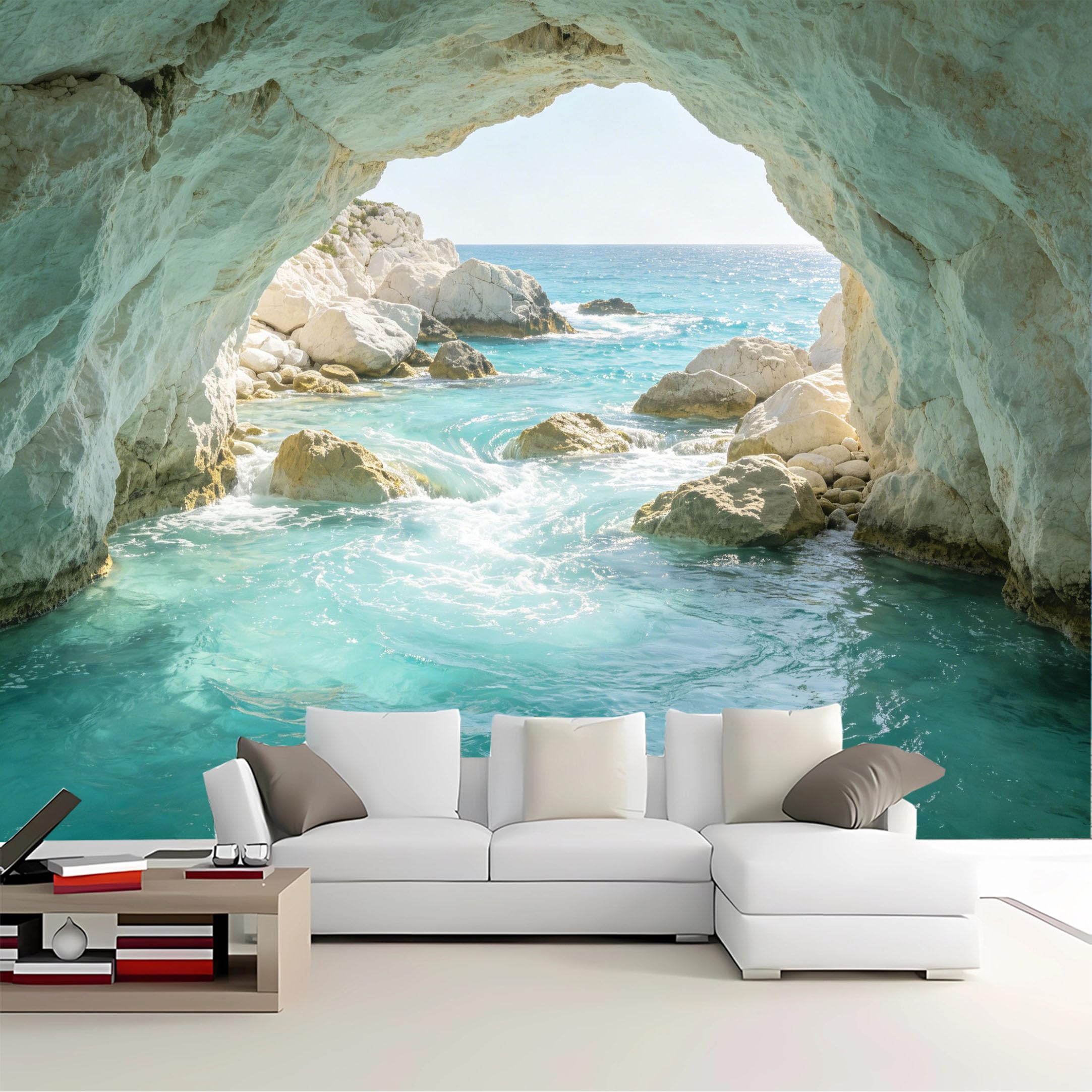 Custom Size Wall Mural Cave View White Rock Turquoise Ocean Removable Self Adhesive Peel and Stick Wallpaper for Bedroom Living Room Dining Room