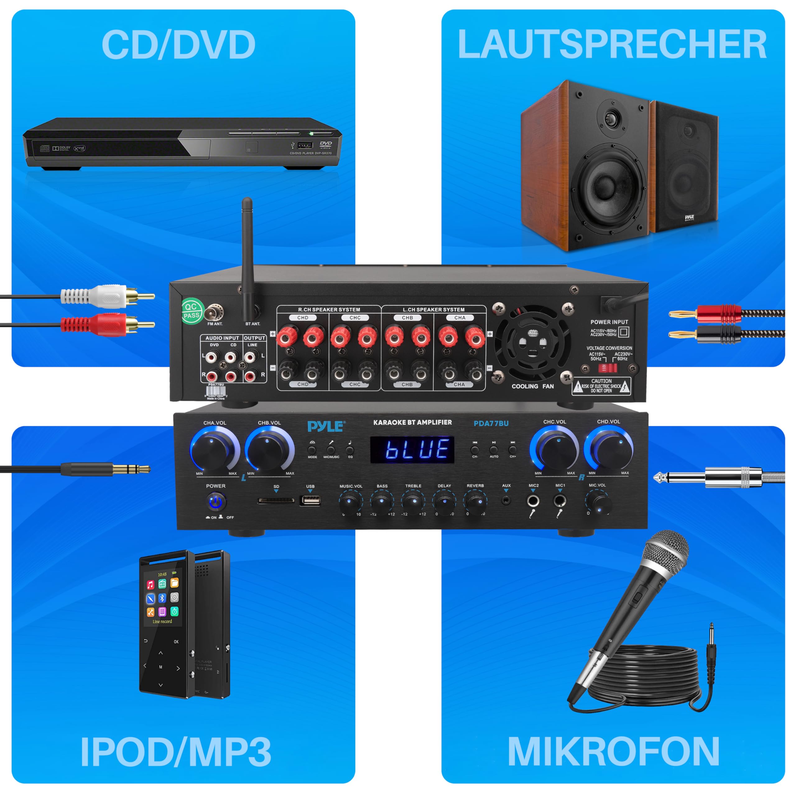 Pyle Amplifier, 800W Bluetooth Verstärker – 4-Kanal Mini Amp mit MP3, USB, AUX, SD, Mikrofon, FM, RCA, Reverb/Delay – Stereo für Heimkino, Studio & Theater, 4-Eingang-Verstärkersystem