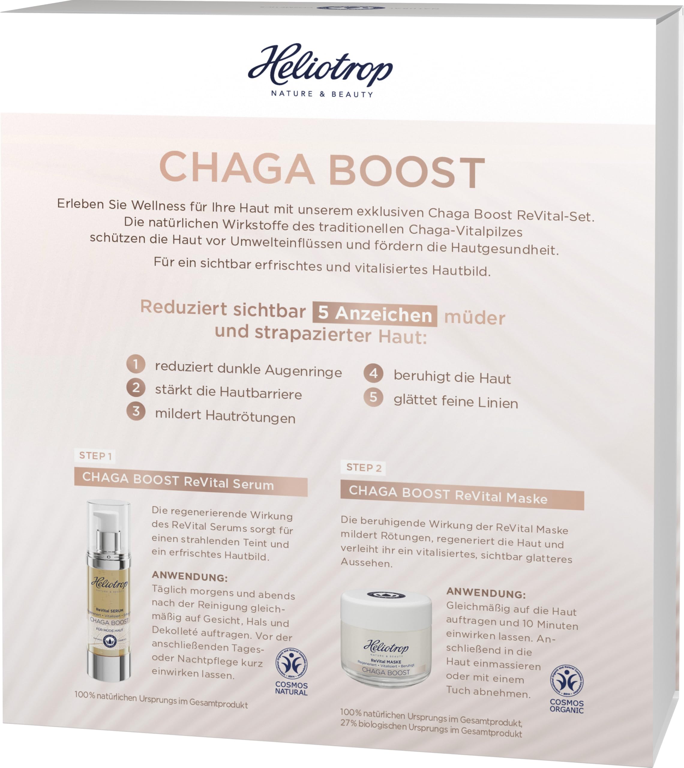 Heliotrop CHAGA BOOST Set, Anti-Aging Pflegeset mit Serum & Maske, mit Chaga-Pilz & Antioxidantien, reduziert Augenringe, beruhigt & glättet gestresste Haut, Vegan