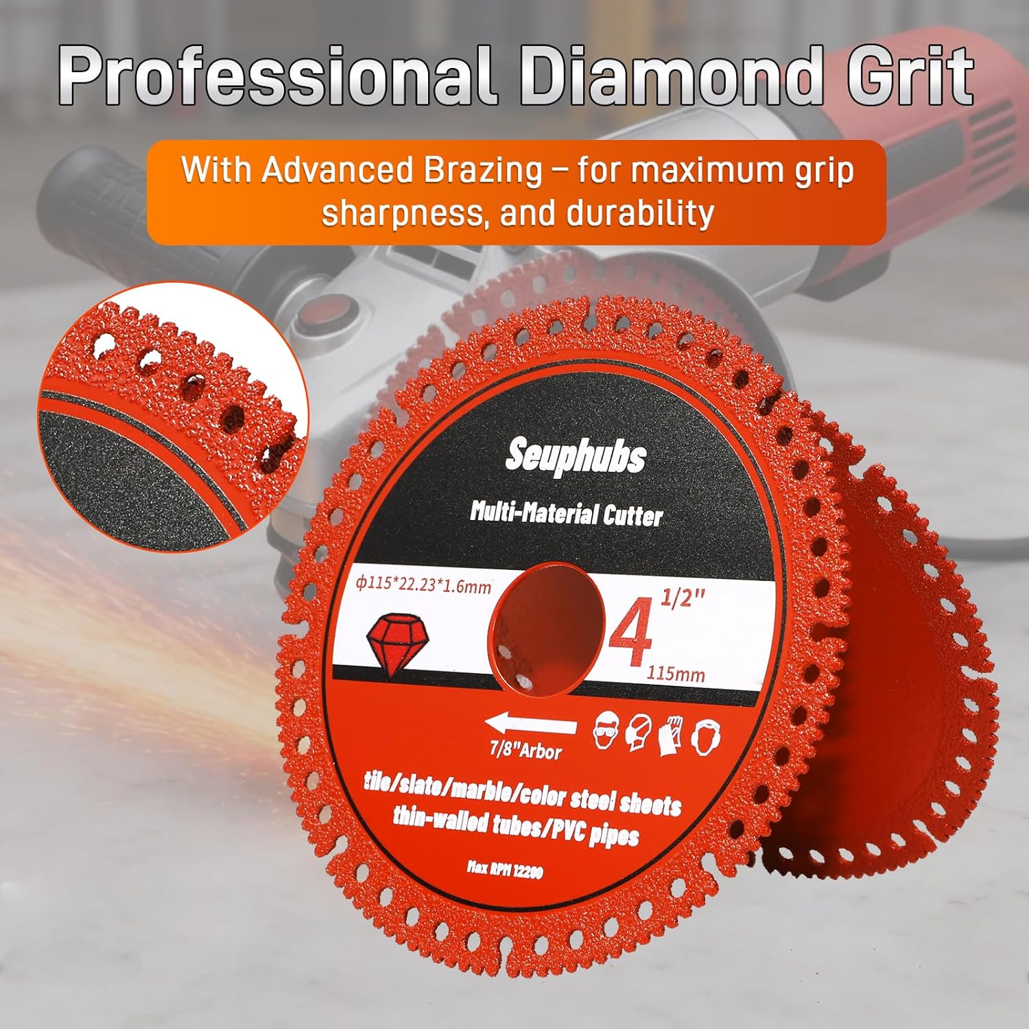 4-1/2 Inch Indestructible Disc for Angle Grinder, 7/8" Arbor (6 Pack), Brazed Diamond Cutting Wheel for Smooth Fast Cuts, Multi-Material for Tile, Marble, Slate, Metal, PVC Pipe