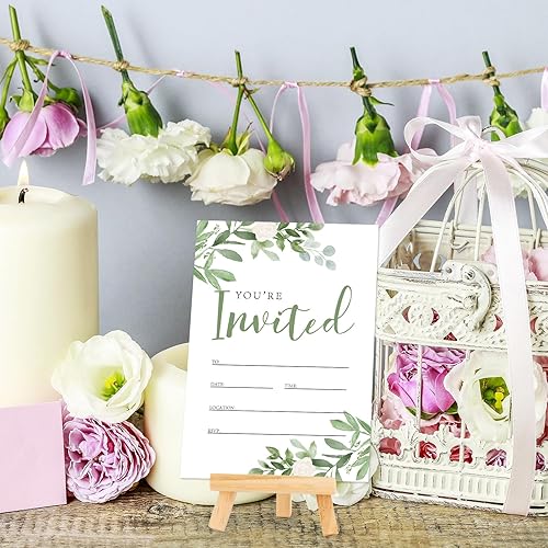 Miniatura 7 de Juego de 20 invitaciones de vegetación con sobres, calcomanías de acuarela de hojas verdes, tarjetas de invitación de hojas de eucalipto en blanco