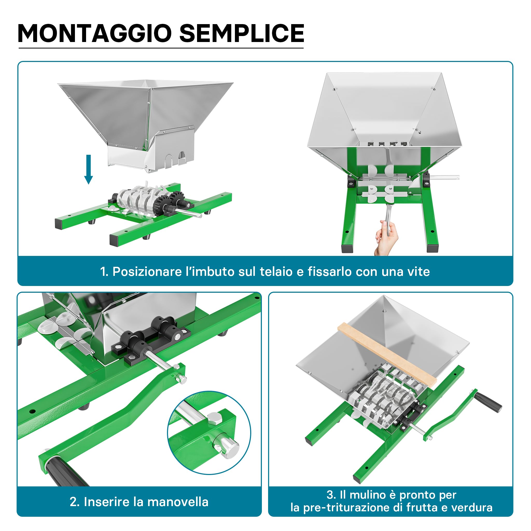 Mulino macina frutta manuale con tramoggia da 7 litri e manovella Trituratore
