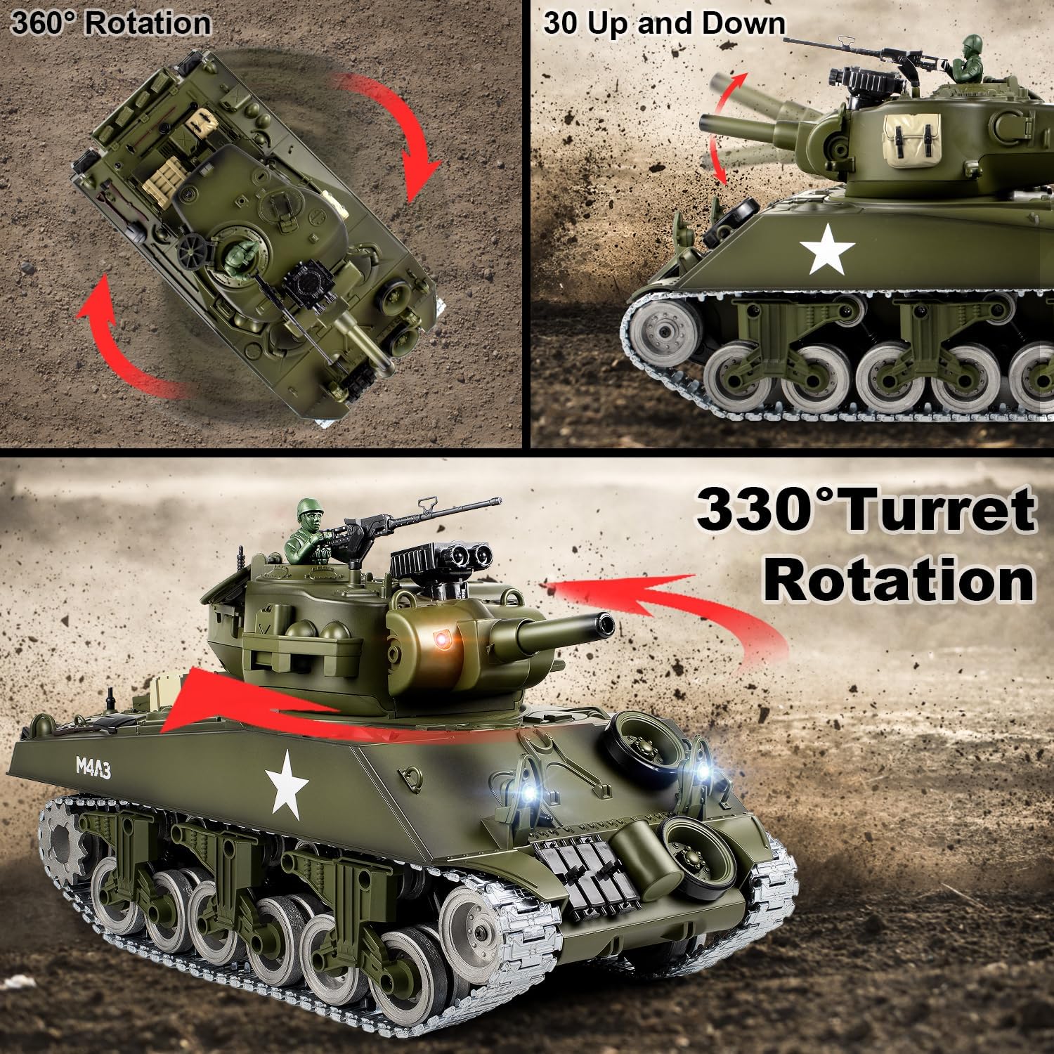 1:18 RC Tank for Adult and Kid, 2.4G US M4A3 Sherman Alloy Metal Tracks Model Toys, RC Vehicle Tank That Shoots BBS with Smoke, Lights, Sound, Military Army Toys with 2 Rechargeable Battery