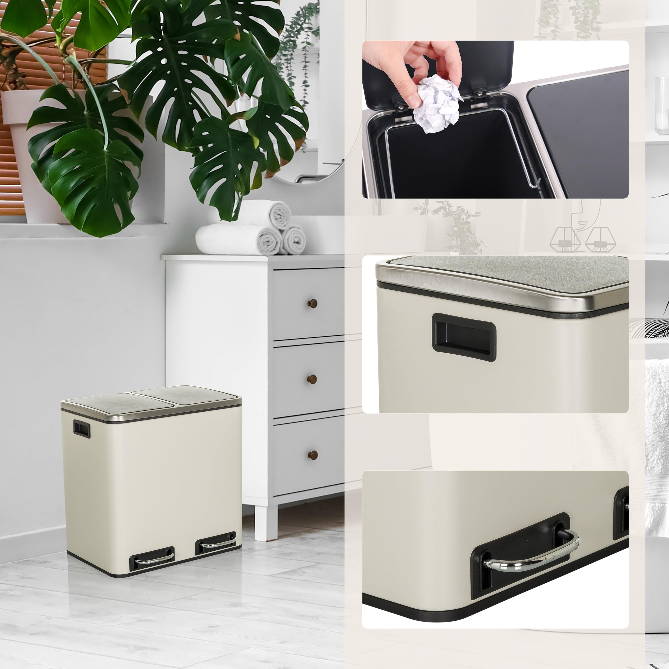 hjh OFFICE Cubo de basura 2x15L CLEAN IX Sistema de separación de residuos con 2 compartimentos, cubo de basura de pedal con cierre suave, metal beige