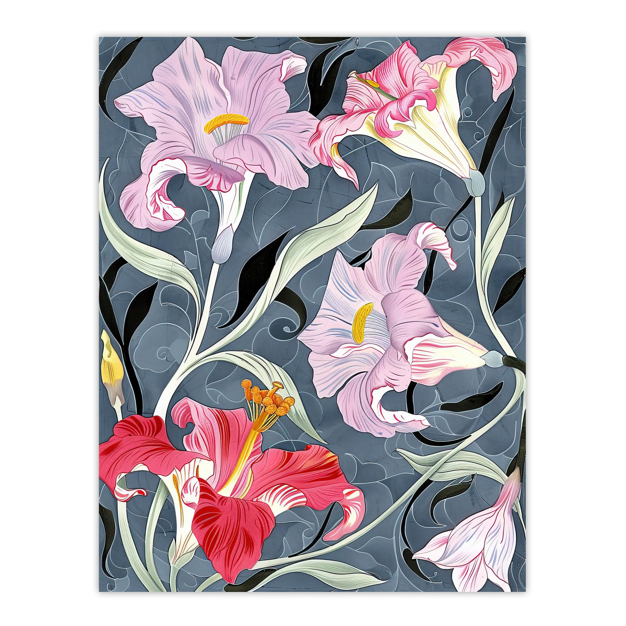 Artery8 Pink Lily Flowers Stylised Detailed Floral Living Room Large Wall Art Poster Print Thick Paper 18X24 Inch