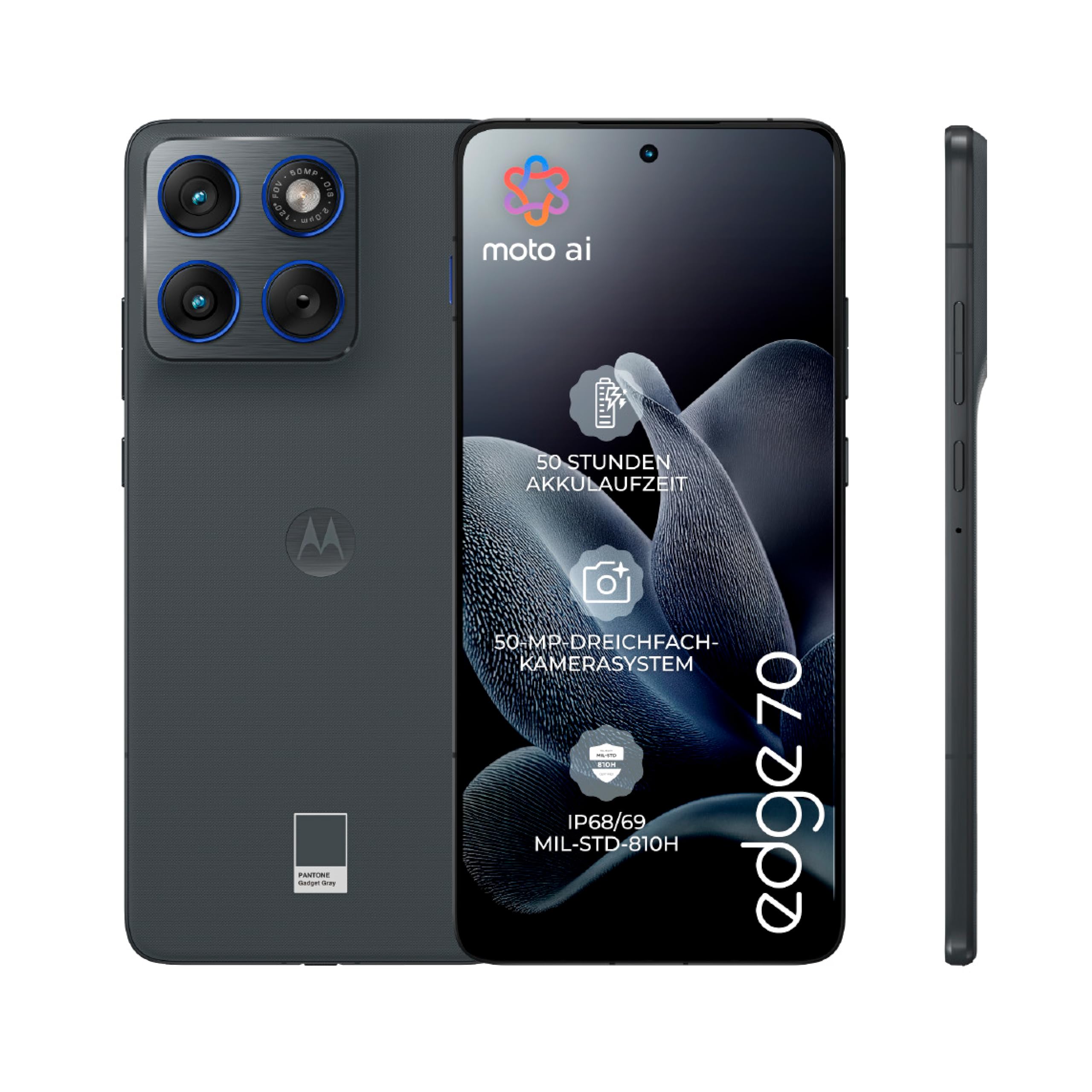 Motorola Edge 70 Smartphone (Robustes 6,67"-pOLED-Display mit Gorilla Glass 7i, 50-MP-Kamera, 12-512 GB, Wasser- und hitzebeständig, 68W-TurboPower-Aufladen), Pantone Gadget Gray, inkl. Magnetcover